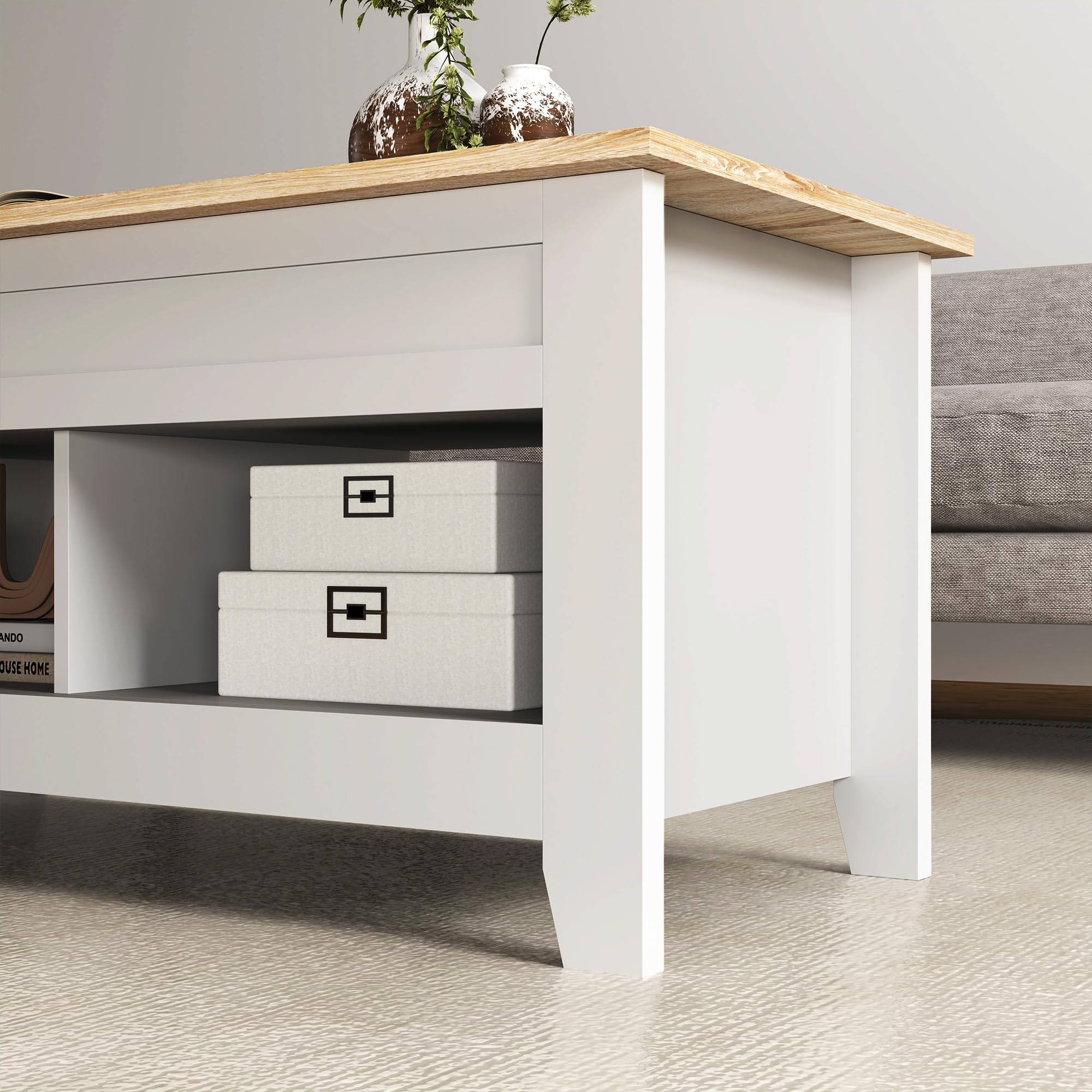 HOMCOM Mesa de Centro Elevable Mesa de Café con Encimera Elevable 2 Compartimentos Abiertos y Espacio Oculto de Almacenaje 105x50x49 cm Blanco y Natural