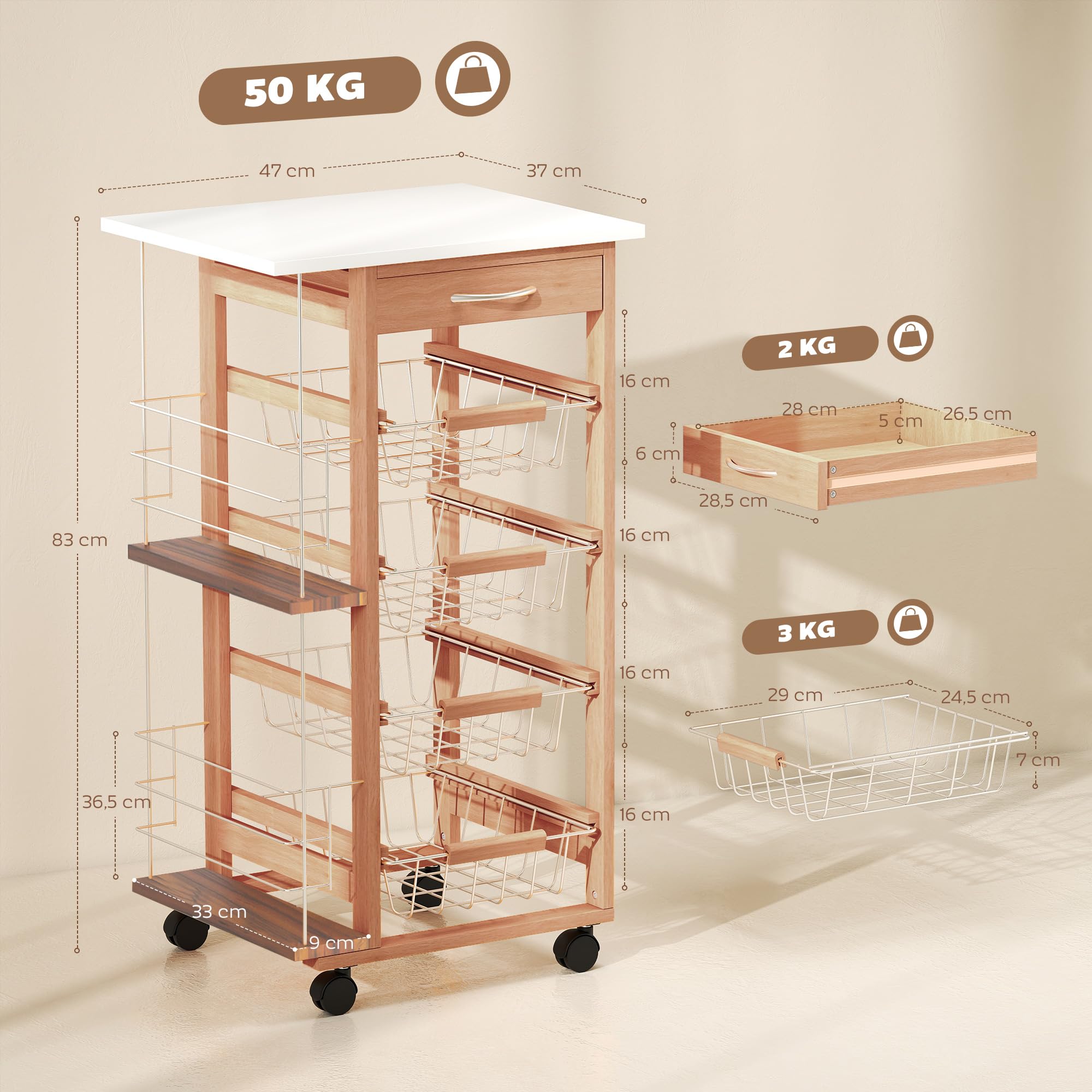 HOMCOM Desserte Cuisine à roulettes avec Tiroir 47x37x83 cm Blanc Marron | 4 Paniers, Étagères Latérales, Chariot de Rangement, Salon, Bureau, Cuisine