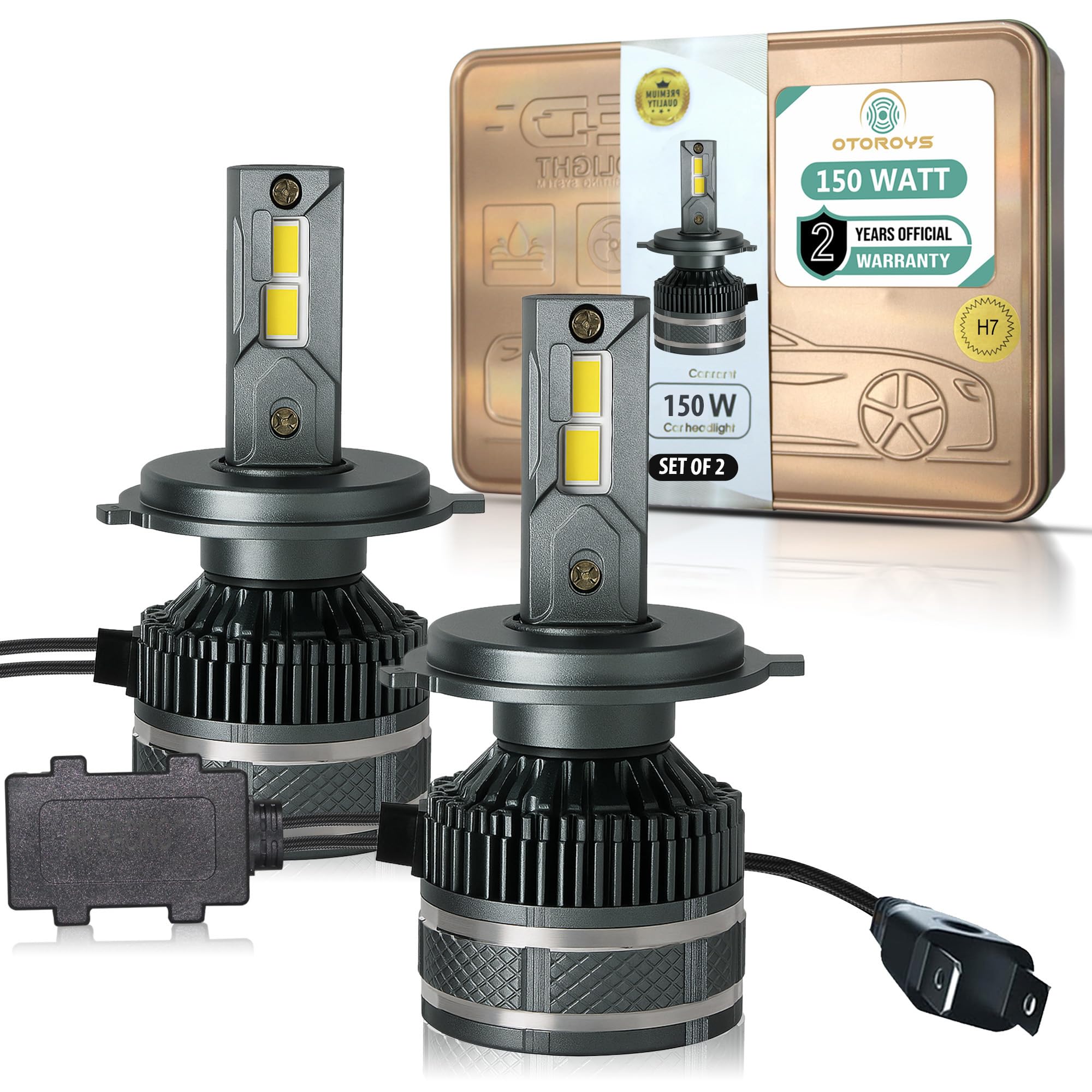 OTOROYS H7 LED Headlight,Fog Light Bulbs,150W Super Bright, 6500K, Auto Conversion Kit 15000 Lumens for Car, Set of 2,(2 Years Warranty)