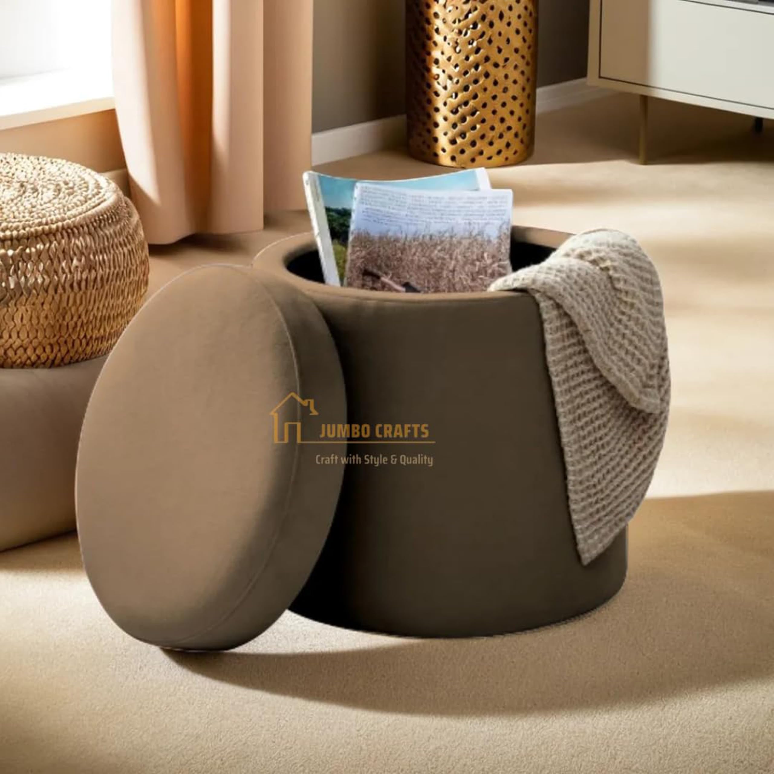 Dutch Velvet Pouffe Footstool, Round Luxurious Ottoman with Storage Box, Footrest Vanity Stool for Bedroom, Living Room, or Balcony Brown-image-32