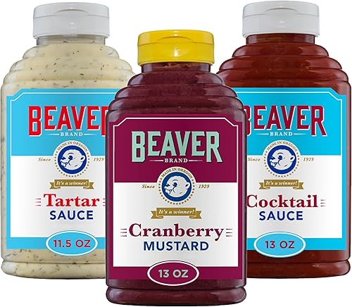 Beaver Paquete variado de condimentos, salsa de cóctel, salsa tártara y mostaza de arándano (paquete de 3)