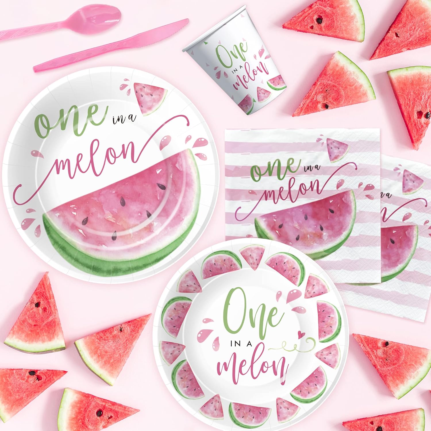 APOWBLS One In A Melon Party Decorations Dinnerware - Watermelon Party Supplies For 1st Birthday, Plates, Cups, Napkins, Tablecloth, Cutlery, Straws, Watermelon First Birthday Decorations | Serve 24