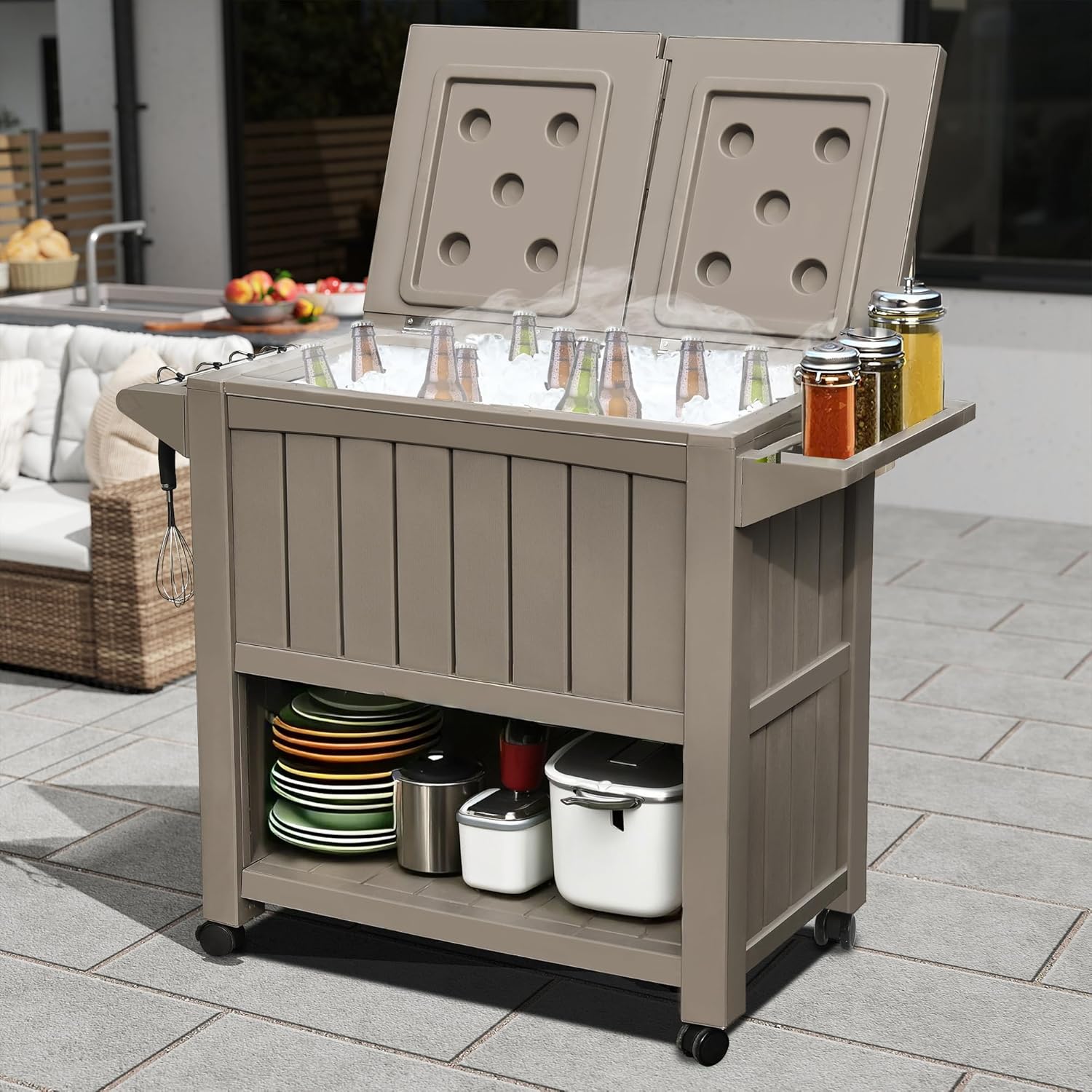 DWVO Ice Chest with Wheels,80 Quart Rolling Cooler with Bottle Opener Drainage