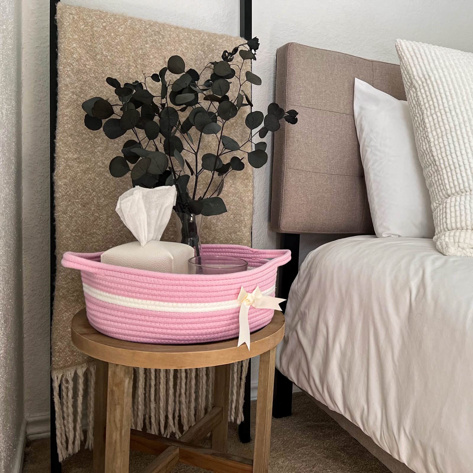 CHICVITA Cesta de regalo rosa para bebé, pequeña cesta de cuerda tejida, cesta rectangular para baño, bonita cesta de almacenamiento para guardería, para juguetes, pañales, toallas, aperitivos, 13 x