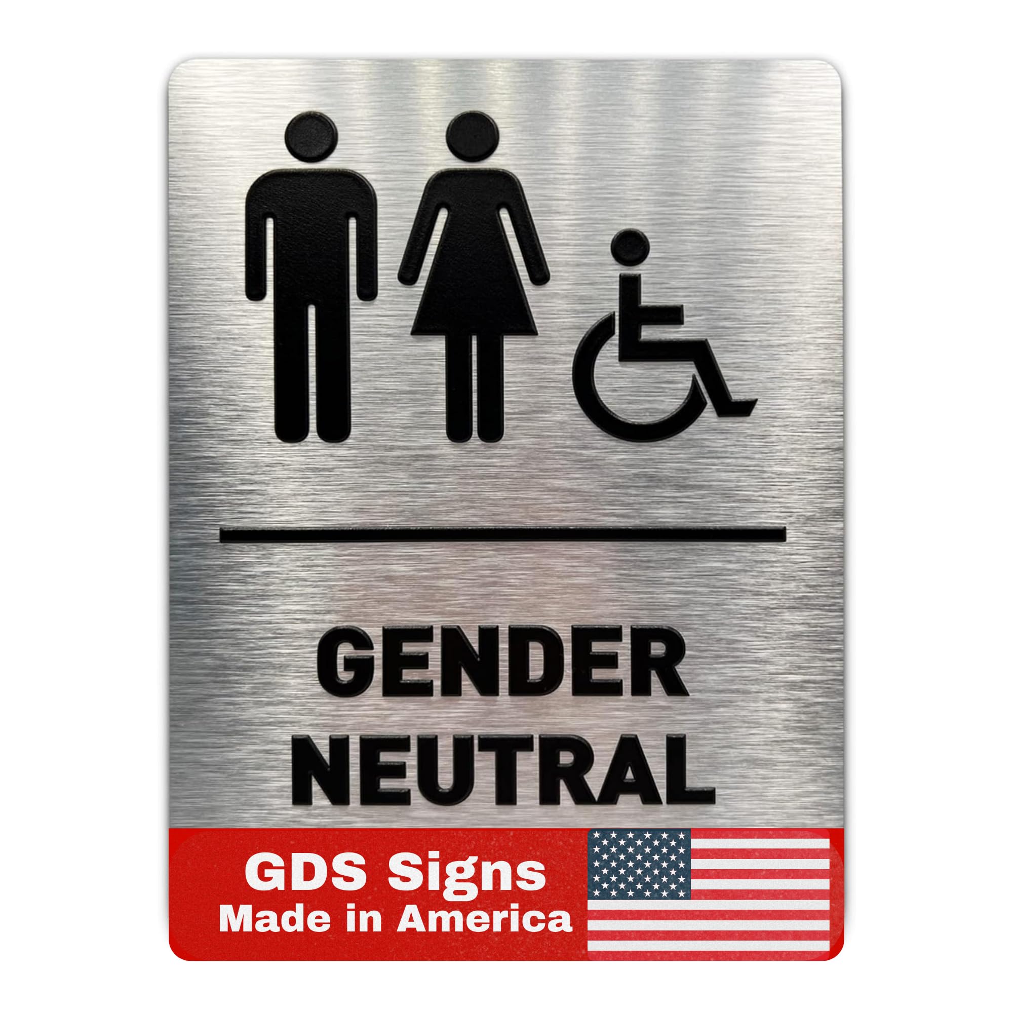 Señal de identificación de baño neutral de género, accesible para silla de ruedas, letrero de baño compatible con ADA, iconos elevados, braille elevado, aluminio cepillado, certificado de inspección