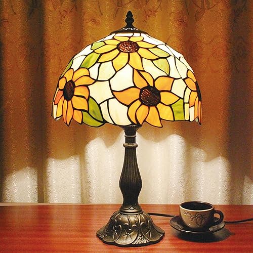 Lámpara de mesa estilo Tiffany de 12 pulgadas, girasol amarillo Tiffany lámpara de mesa para sala de estar, mesita de noche, decoración de