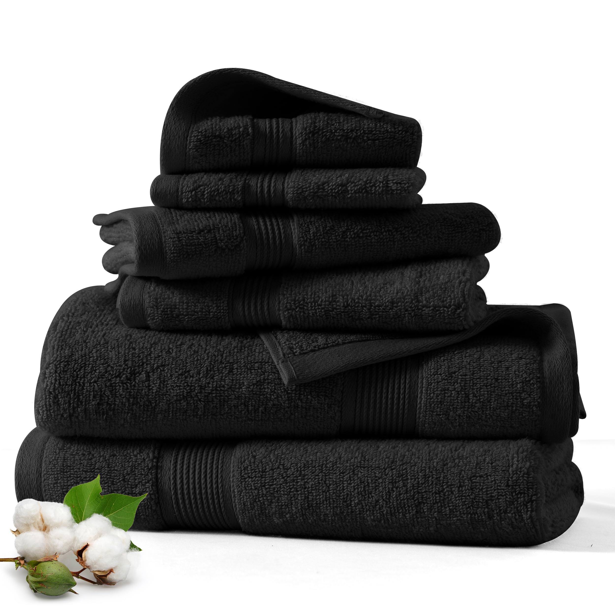 LDC 6 Piece Black Towels Set - 100% Cotton, Soft & Quick Absorbent, 525 GSM Zero Twist Weave, Includes 2 Bath Towels, 2 Hand Towels and 2 Washcloths (