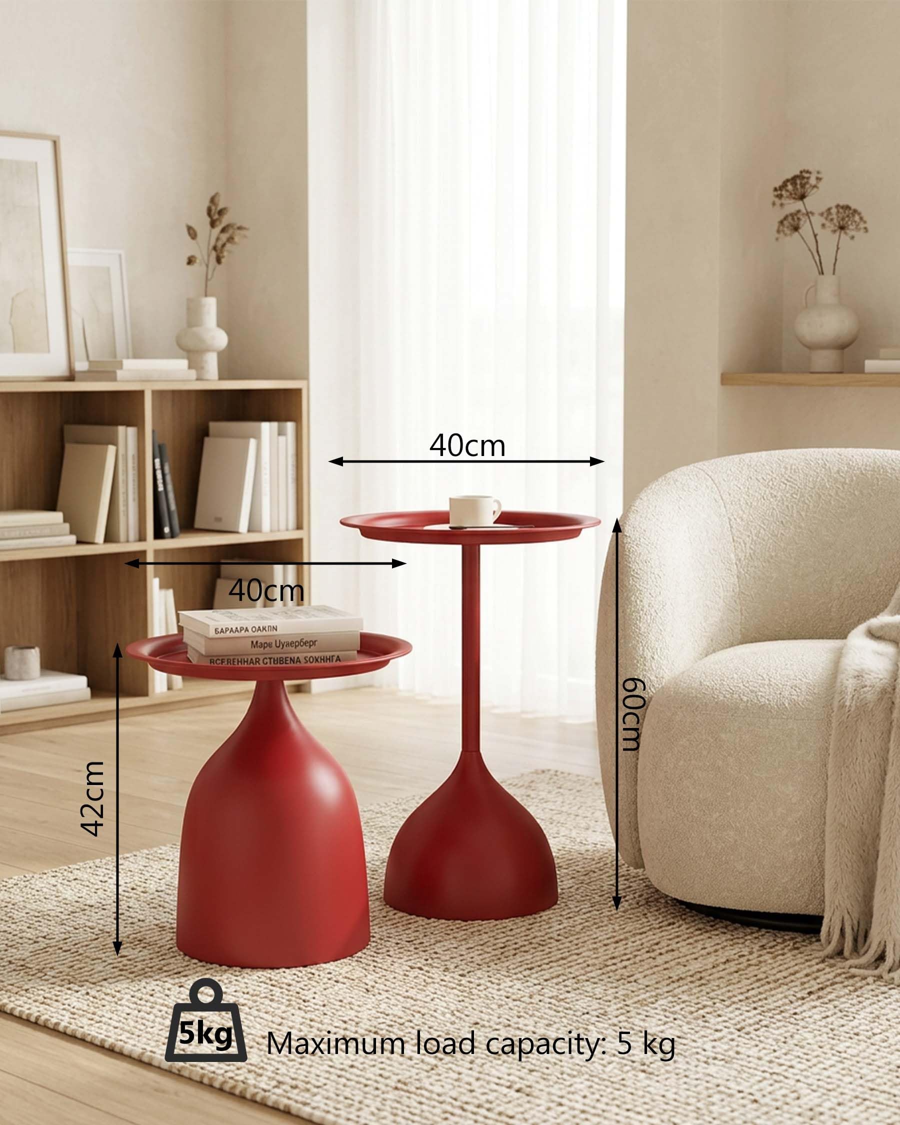 Juego de 2 Mesas Auxiliares de Salón en Metal Rojo, Mesita Redonda para Sofá o Sillón, Mesa de Centro de Diseño Moderno, Versátil para Interior y Exterior, Altura 42/60cm