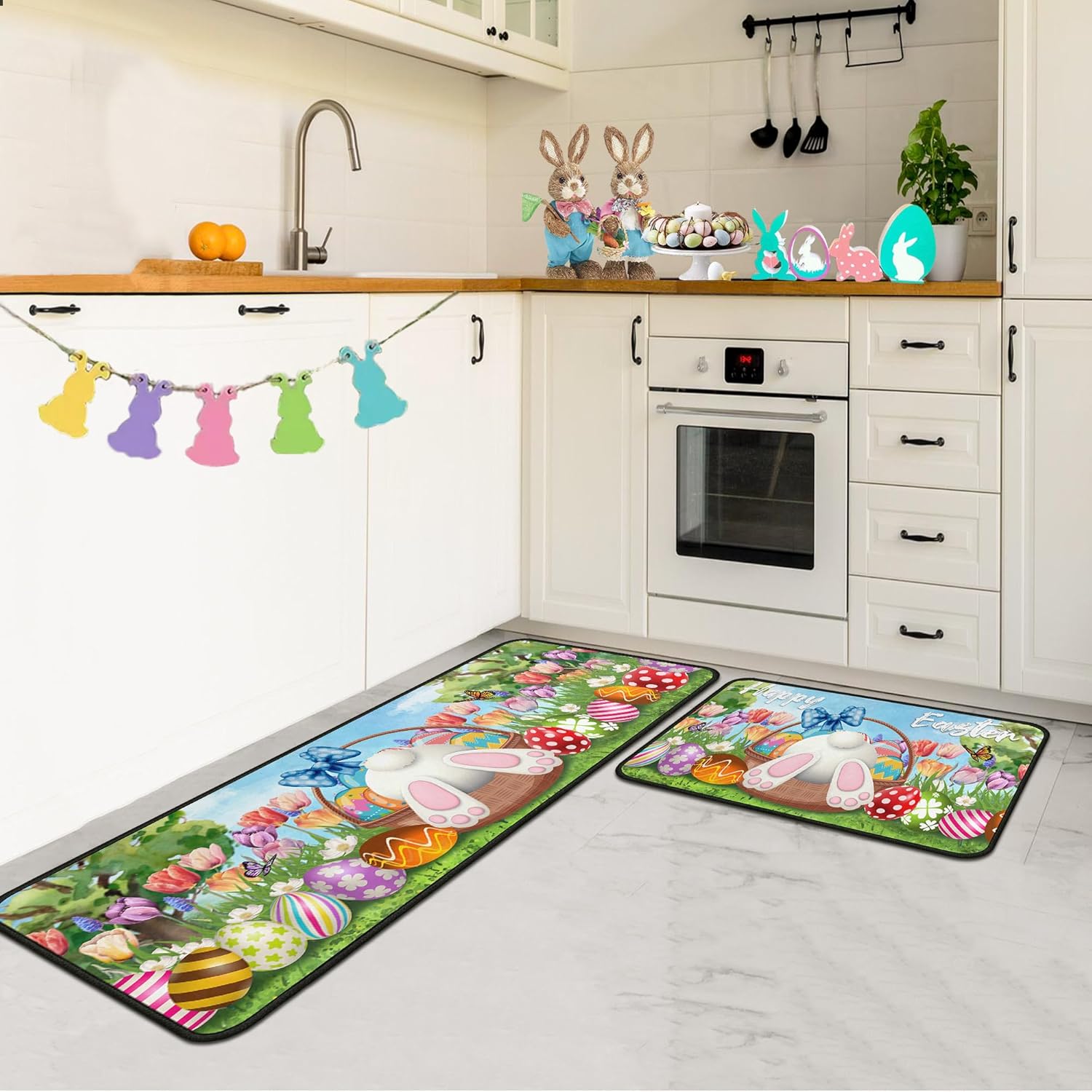 Easter Kitchen Rugs Set of 2, Easter Decorations Non Slip Backing Happy Easter Kitchen Mats for Floor Holiday Bunny Rug Egg Mat Easter Decor for Home Party Gifts (Happy Easter 3, 17"x47.2"+17"x30")