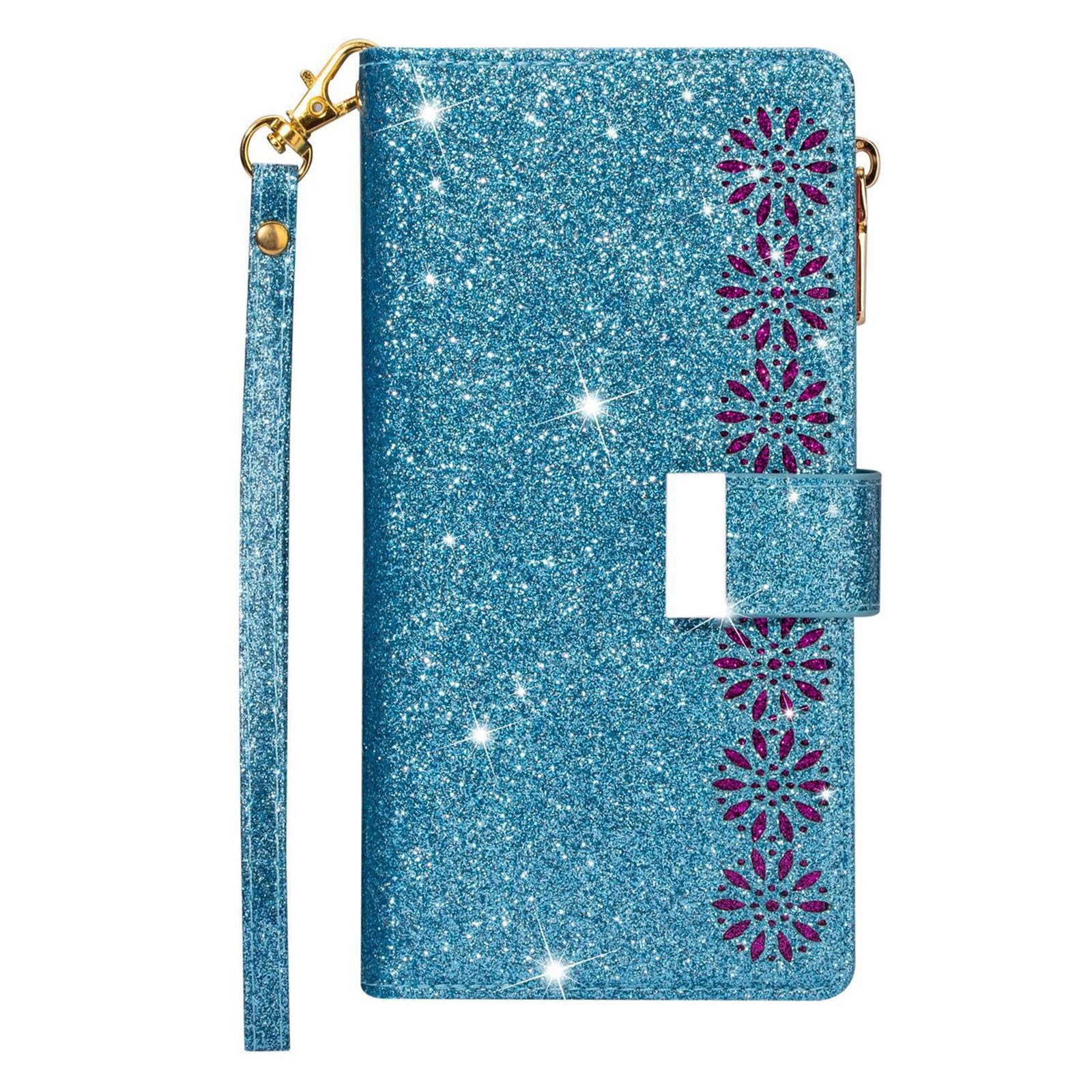 Brokatowe etui do Samsung Galaxy Z Fold 5, portfel na zamek błyskawiczny z uchwytem na karty, retro skóra PU, pasek na nadgarstek z klapką, etui folio etui, niebieskie