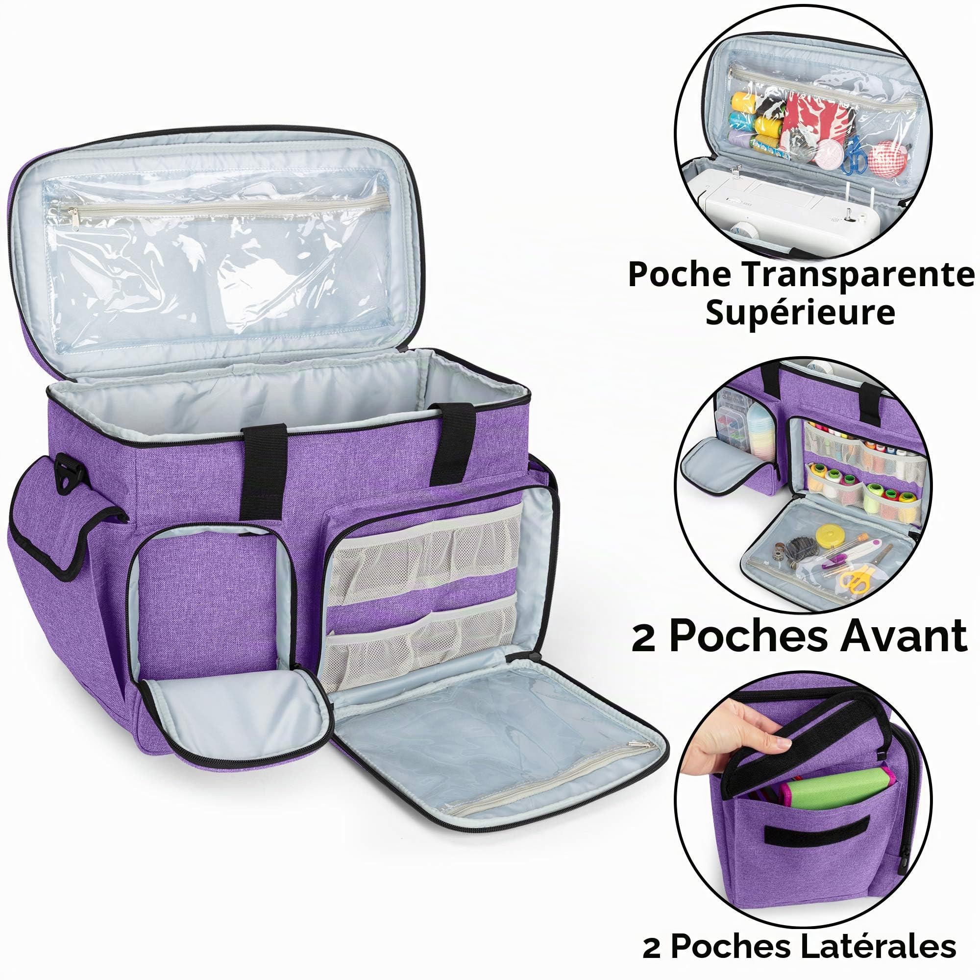CURMIO Grand Sac Universel pour Machine à Coudre, Sac Fourre-tout antidérapant de transport compatible avec la plupart des machines à coudre et accessoires standard sur le marché, Violet (Sac Vide) | Multi-Poches, Pieds Antidérapants Caoutchouc, Bandouliè