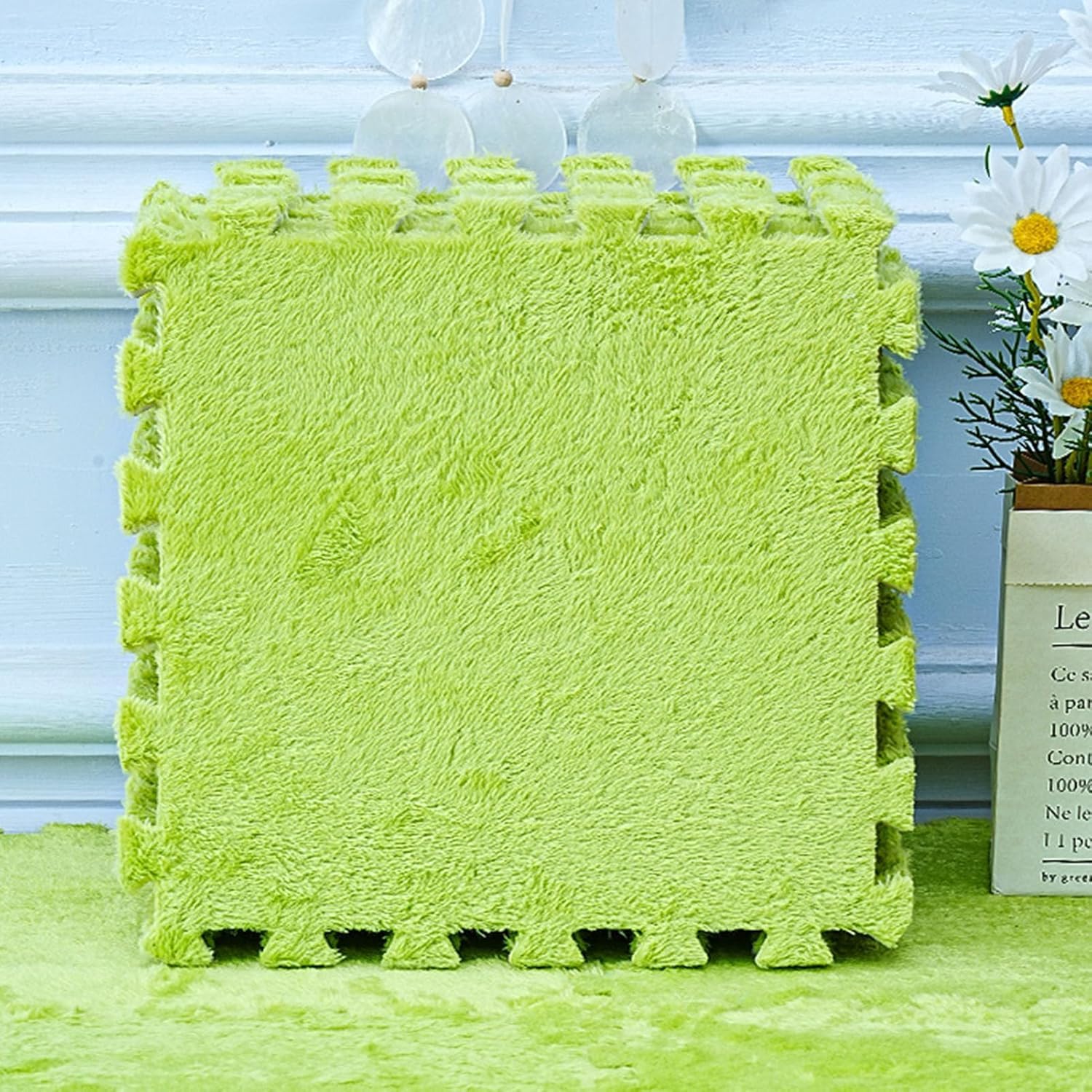 LoiYtrd Plush Interlocking Carpet Tiles - Fluffy Puzzle Foam Floor Mat - 10pcs 12x12in Foam Floor Tiles Soft Playmat(Green,30x30x0.8cm)