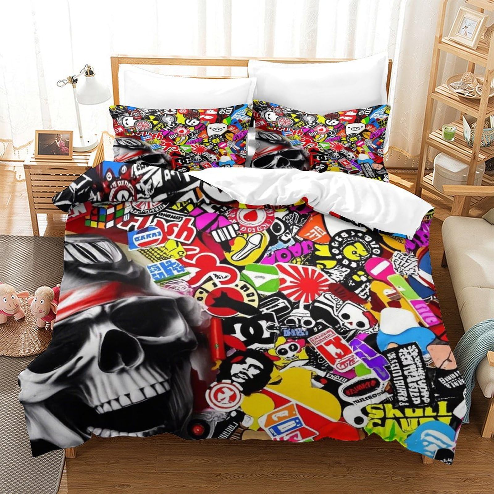 LILIlaobiao Graffiti Washable Bedding Set Hidden Zipper Duvet Cover Set with Pillowcases Doodles Quilt Cover Set Soft Microfiber Bed Linen Set for Kids & Adults King（220x240cm）