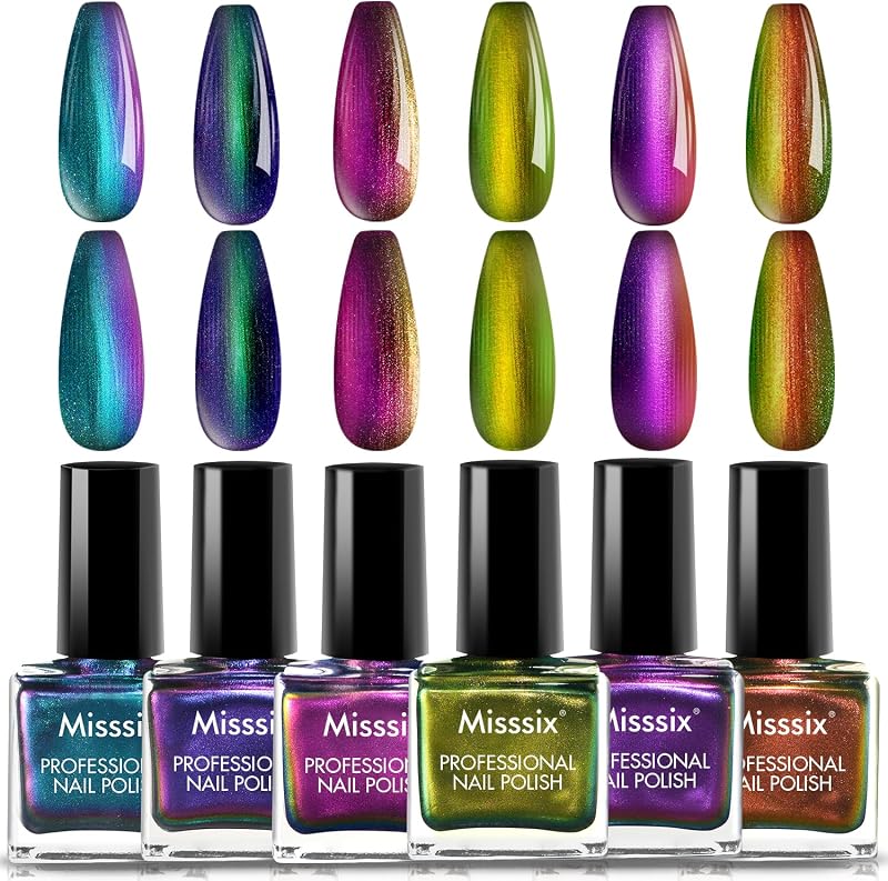 Nail Polish Set 6 Colors Holographic Metallic Lacquer Quick Dry | Long Last Fingernail Toe Nail Art for Women Girls Home Salon