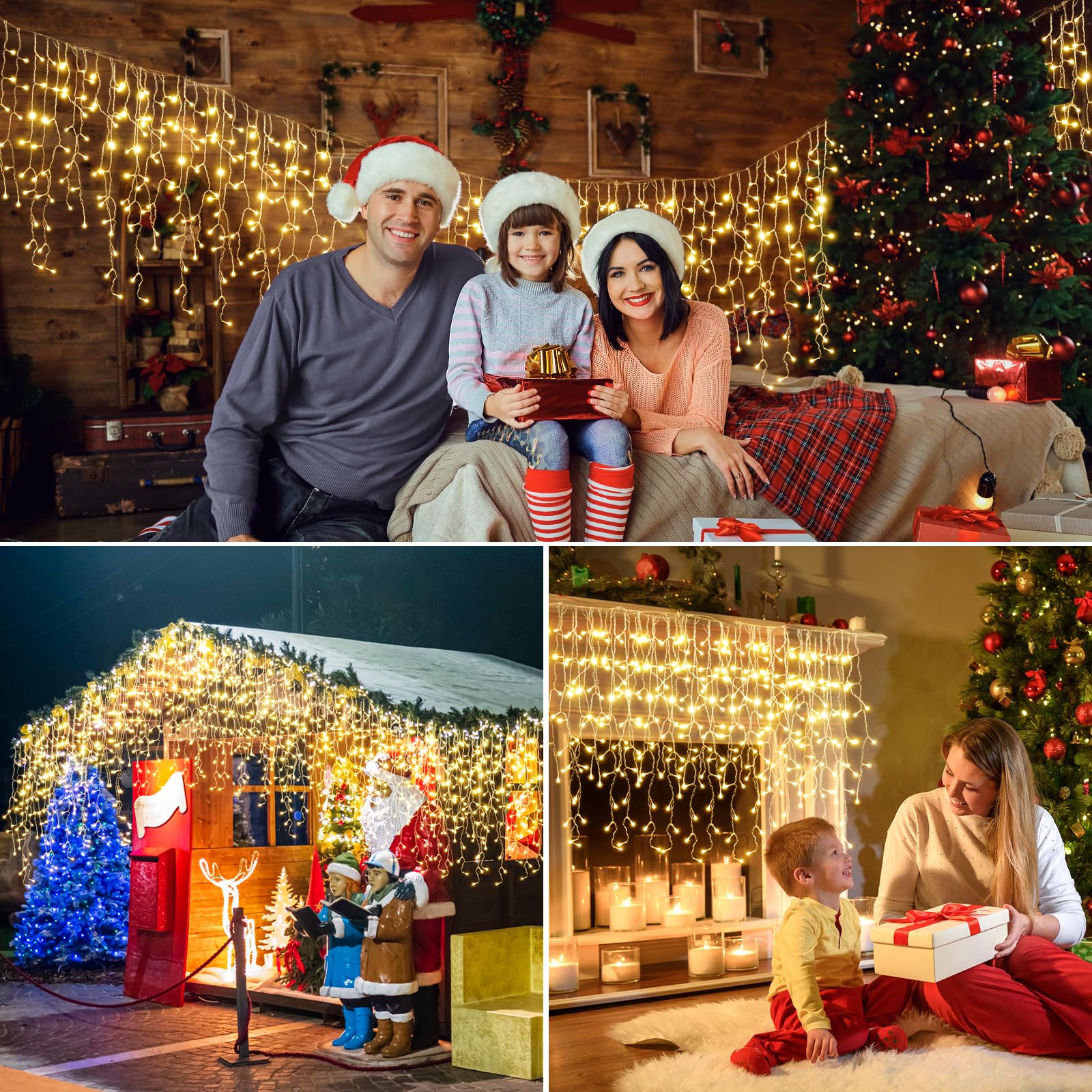 Eisregen Lichterkette Außen, 10M 408LED Weihnachtsbeleuchtung Aussen mit Fernbedienung Timer 8 Modi IP44 Wasserdicht Lichtervorhang für Balkon Haus Traufe Vorbau Geländer Warmweiß