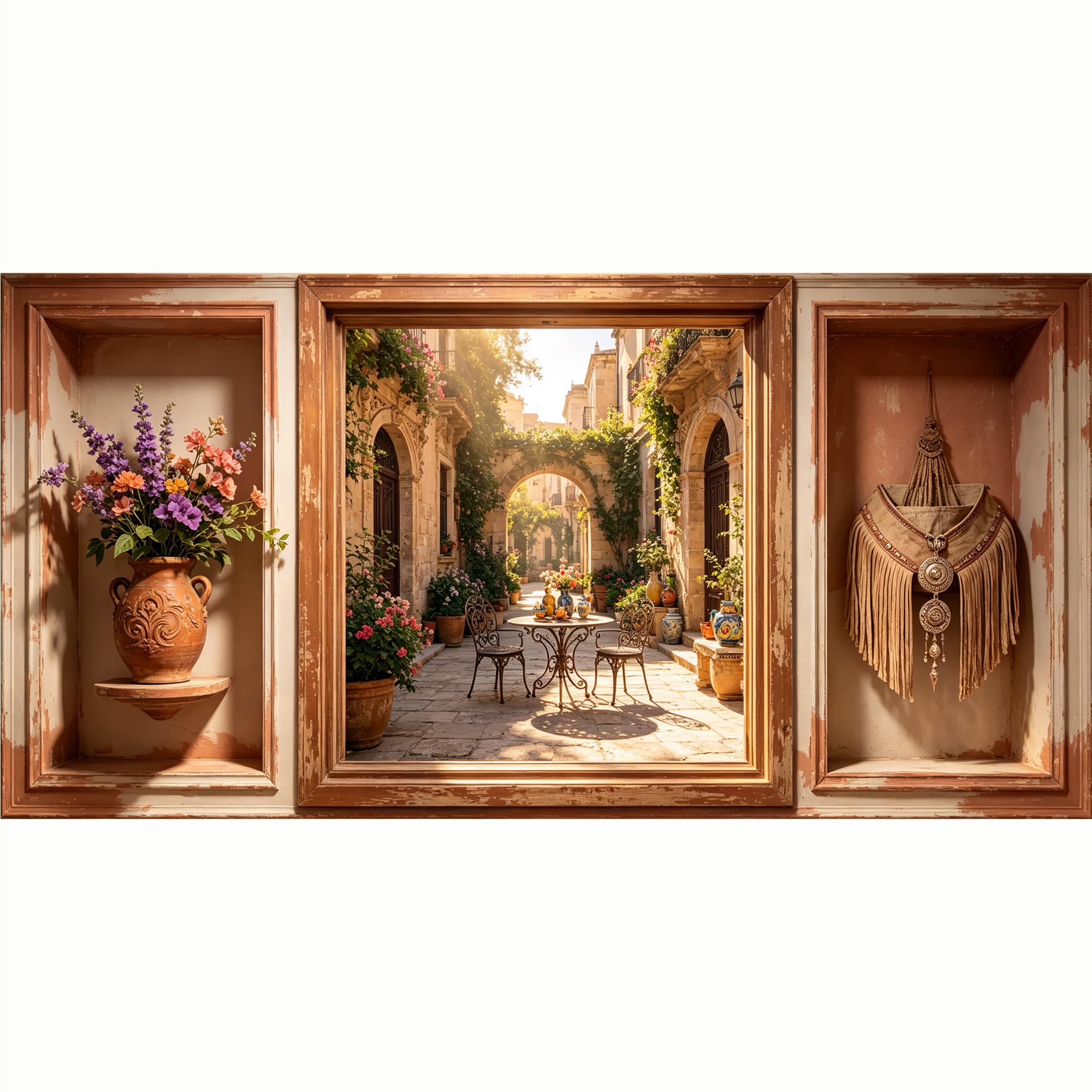 QZLITHOTIC 50x100cm 3D Framed Wall Art， European Mediterranean Courtyard Flower Pot SelfAdhesive Mural， Water‑Activated Peel & Stick Fabric Decor Wall Decal for Bedroom Living Room