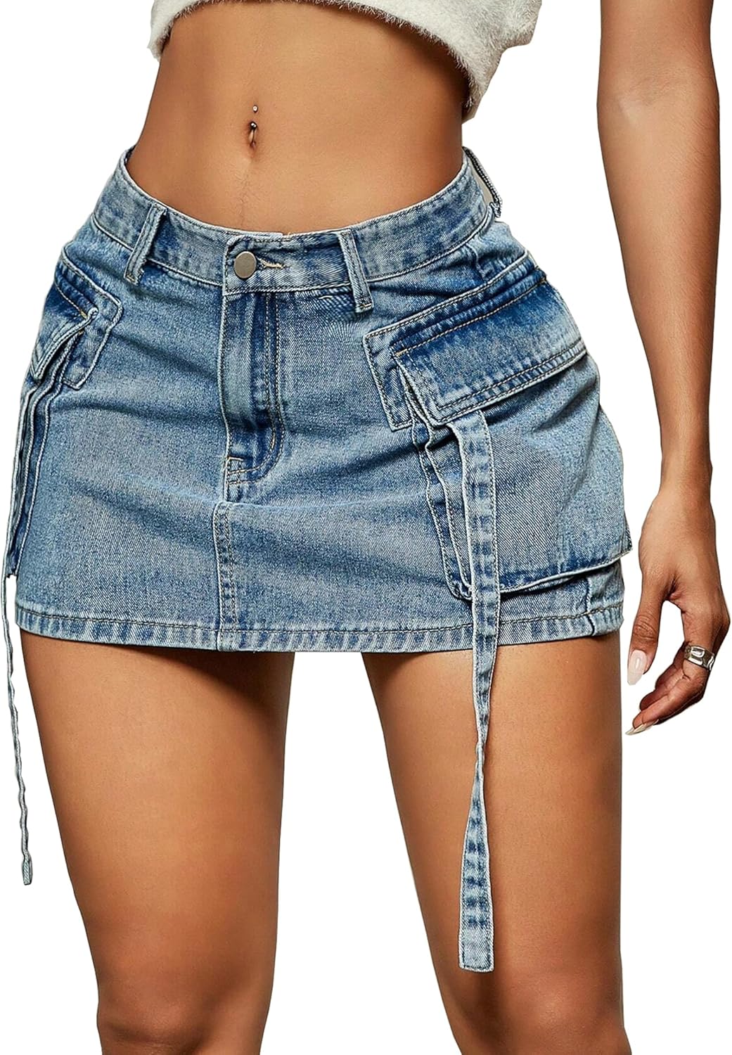Cargo Skirt Women y2k Button Mini Jeans Skirt Denim Skirt with Pocket Low Waist Large Light Wash