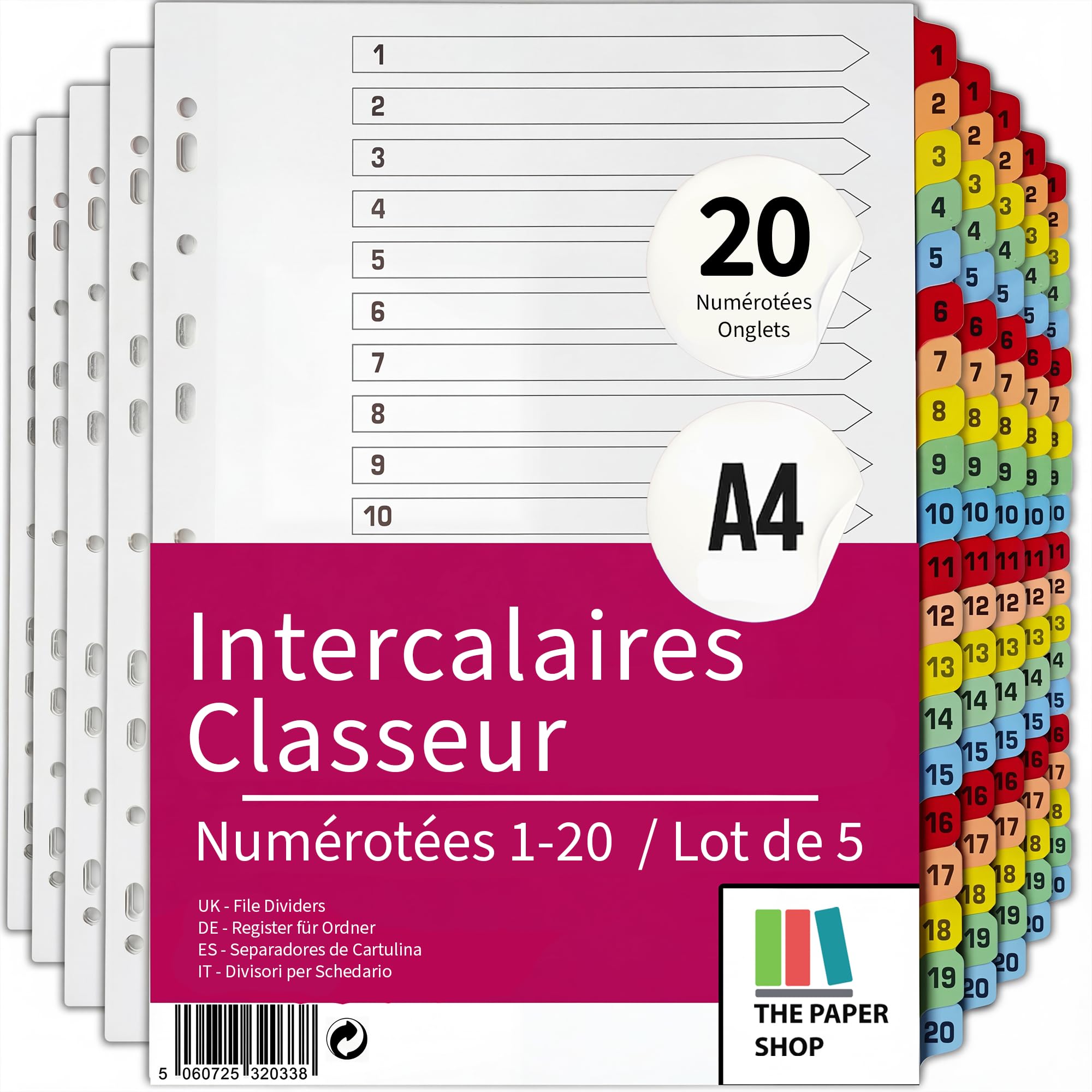Intercalaires Classeur A4 20 Onglets pour organiser le bureau et la maison au quotidien