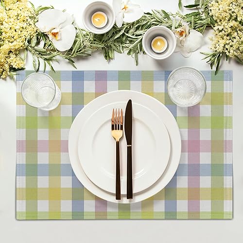Miniatura 3 de Juego de 4 manteles individuales de primavera y Pascua, de lino, a cuadros, color rosa y verde, lavables, antideslizantes, resistentes al calor, 12