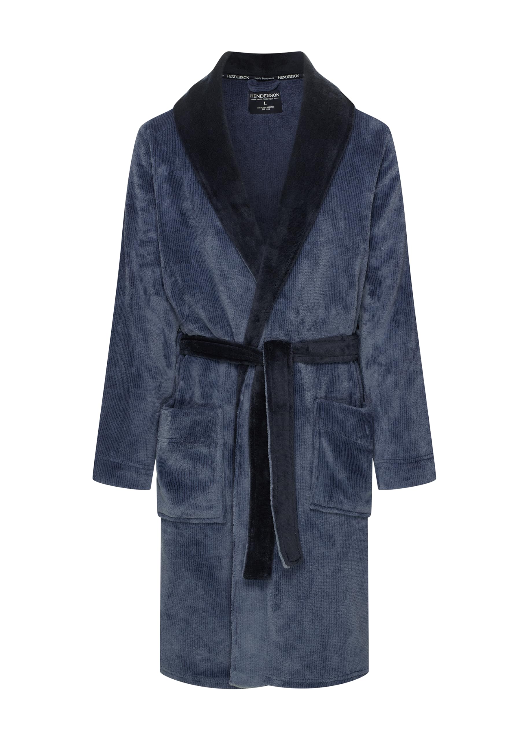 HENDERSON Men's Dressing Gown with Pockets Belt Sauna Gown Made of Microfibre Soft Warm Long Fluffy L - XXL Dark Blue