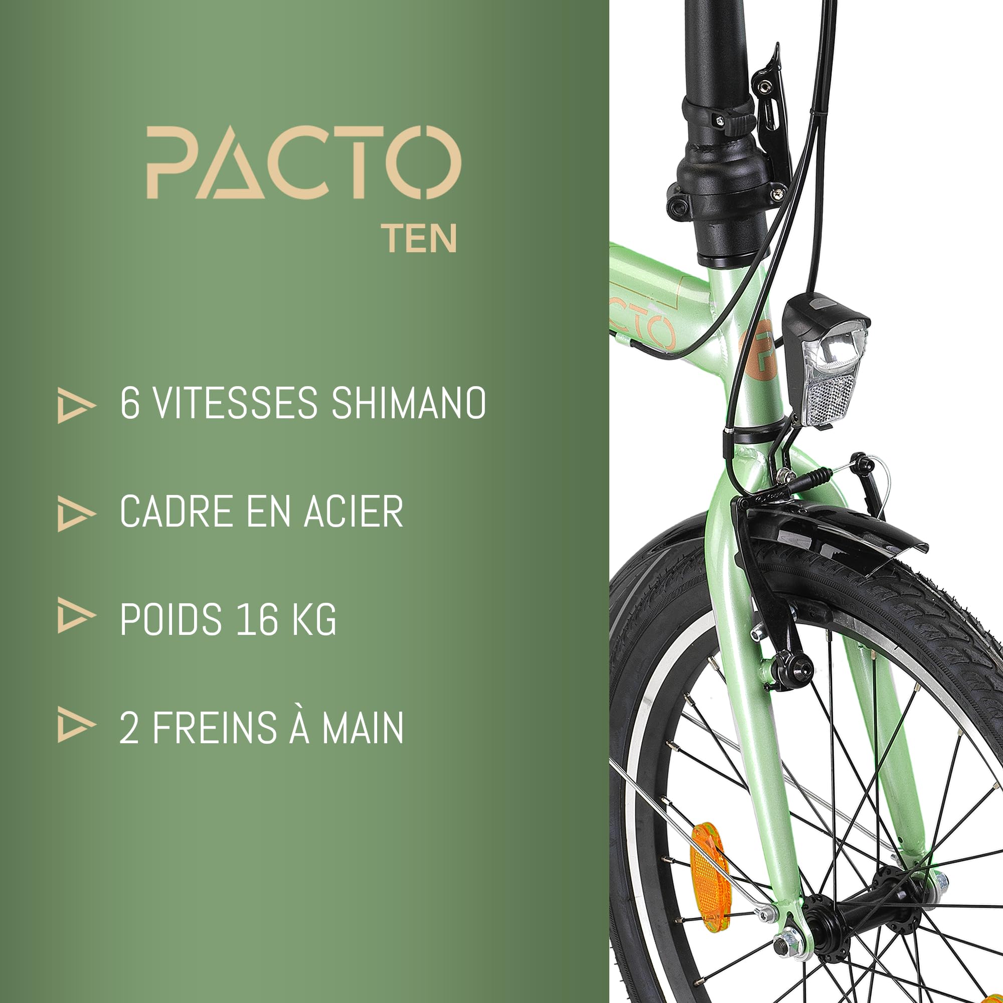 PACTO Vélo pliant Ten 20" avec système de pliage rapide (10 secondes), cadre en acier, poids léger (16 kg), Shimano 6 vitesses, freins en V et jantes en aluminium à double paroi