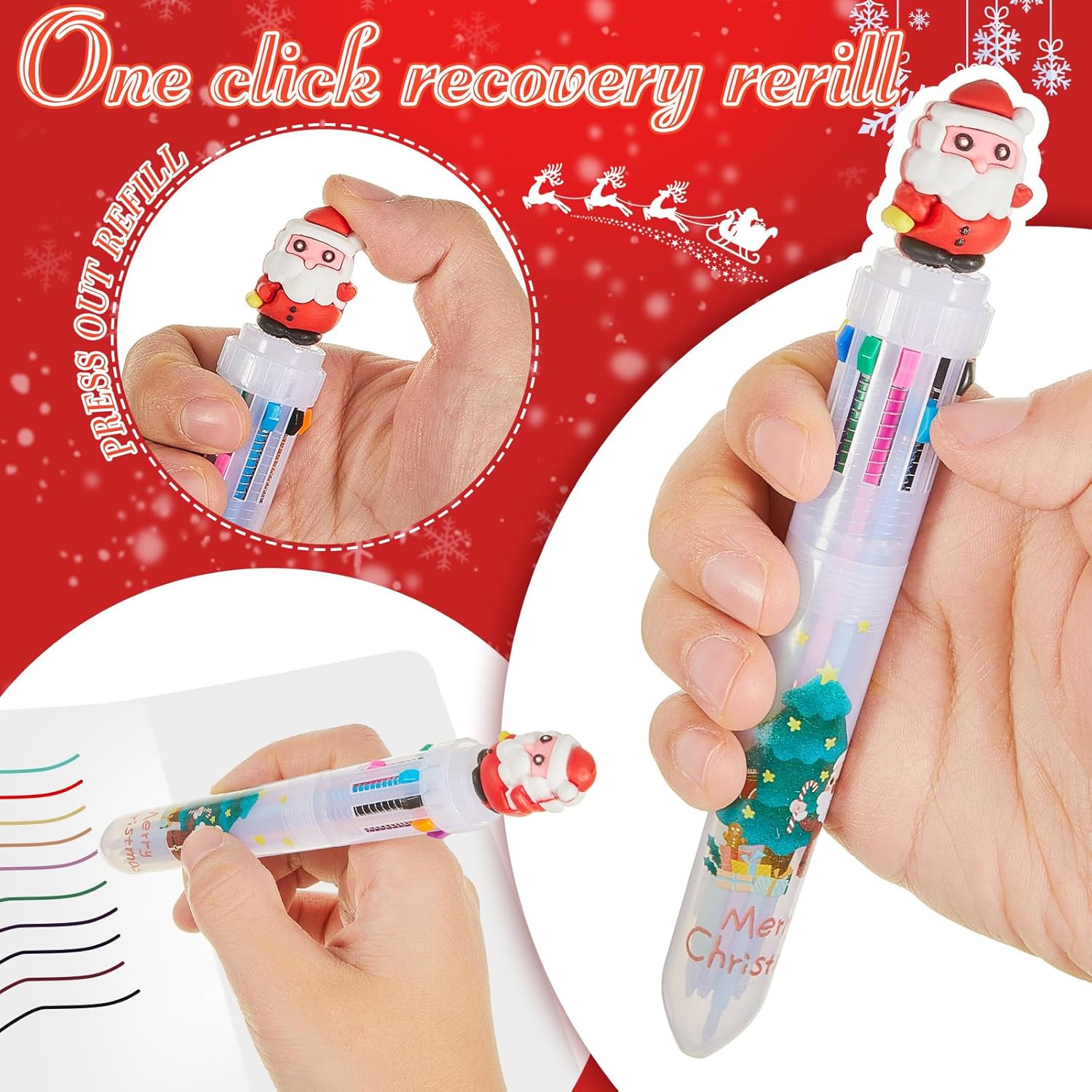 Kosiz 100 Pcs Christmas Multicolor Ballpoint Pens, 10 in 1 Santa Claus Reindeer Xmas Tree Retractable Pens 0.7 mm for Office Christmas Prize Gift Goodie Bag Stuffers Xmas Party Favor