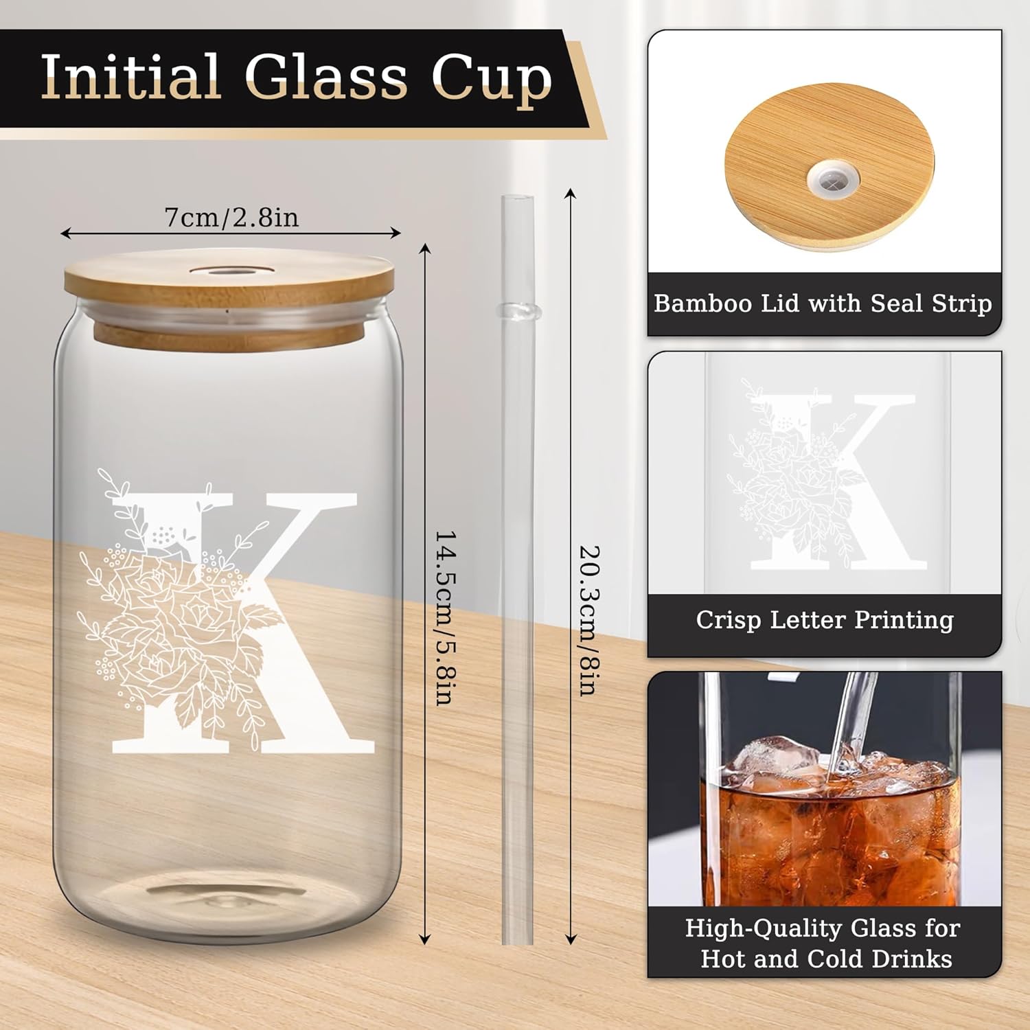 Custom Glass Cup & Makeup Bag Set - Personalized Gifts for Women, Initial 16 oz Glass Tumbler with Lid & Straw, Monogram Makeup Bag - Birthday Gifts For Women, Mother's Day Presents(K) - Image 2