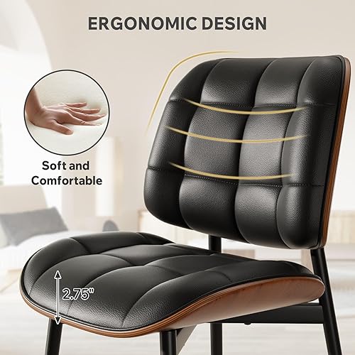 Miniatura 5 de Juego de 2 sillas de comedor, modernas sillas de comedor negras de mediados de siglo, sillas de cocina tapizadas de piel sintética con cojín grueso