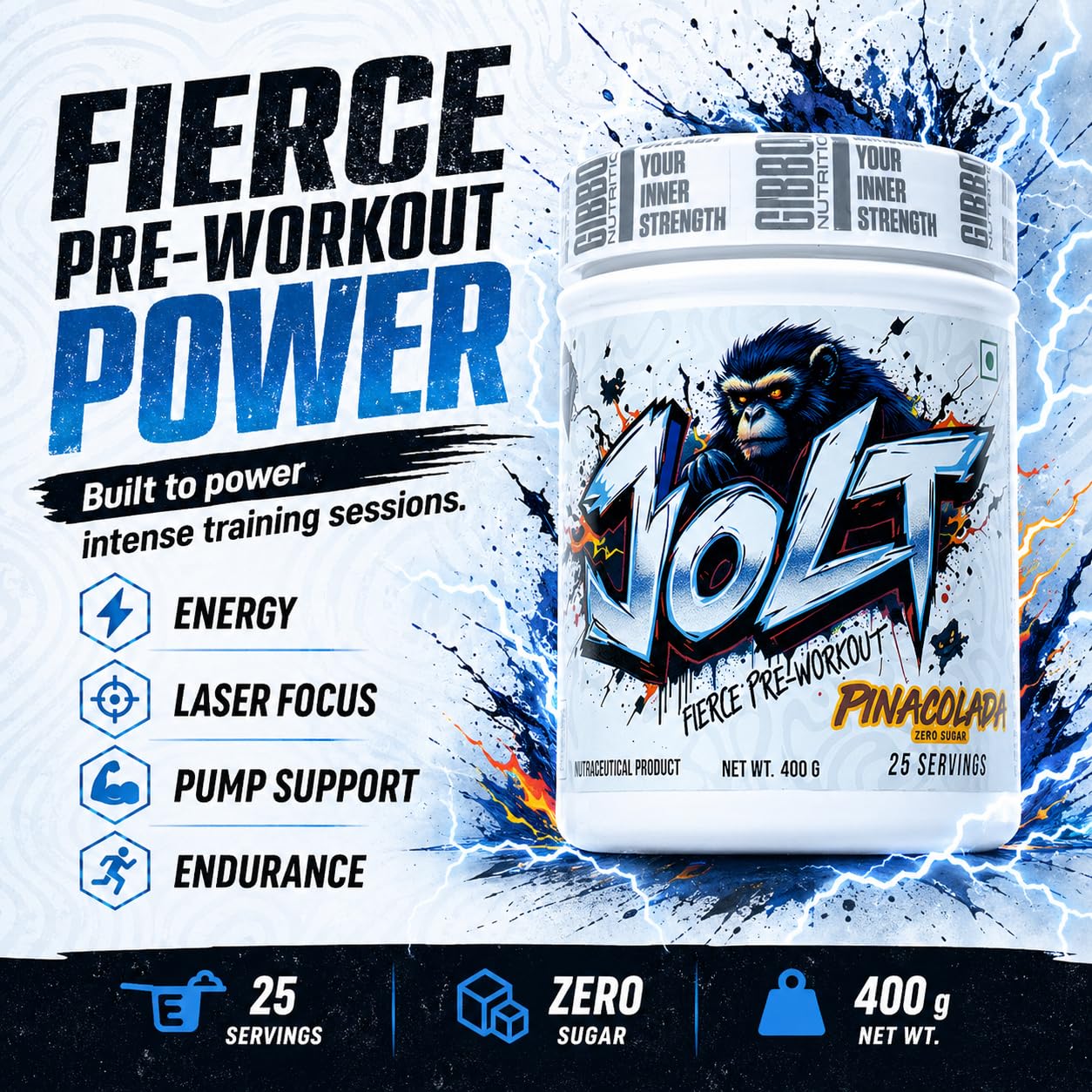 GIBBON JOLT Fierce Pre-Workout 400g | 7000mg Citrulline, 5400mg Beta-Alanine, 300mg Caffeine, 1000mg Taurine | Zero Sugar, 25 Servings, Vegetarian, Gluten Free | Pinacolada Flavour — Amazon image 4
