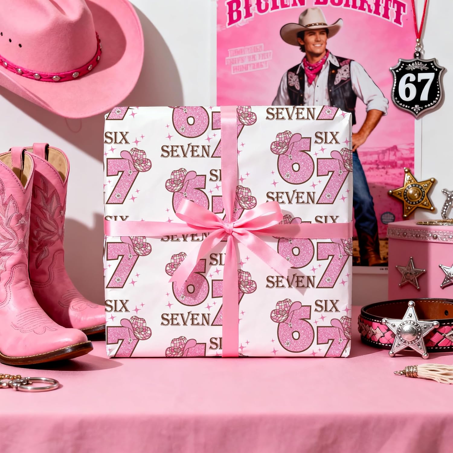 LeZakaa 67 Cowgirl Wrapping Paper Roll, Pink Cowgirl Hat “Six Seven”Meme Glitter Design Gift Wrap for Birthday, Valentine’s Day, Party, Girls & Teens, Mini Roll 17 Inches x 16.4 Feet image 5