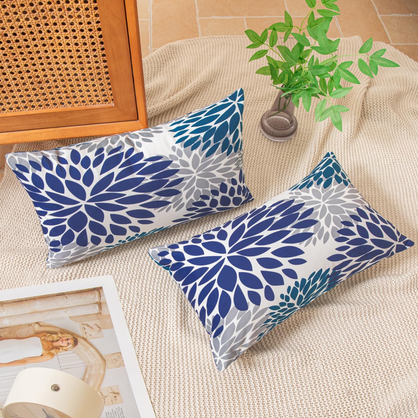 Kiuree Set Di 2 Federe Per Cuscini 30x50 Cm - Cotone A Righe Con Frange, Stile Country, Blu, Decorazione Per Divano - 4