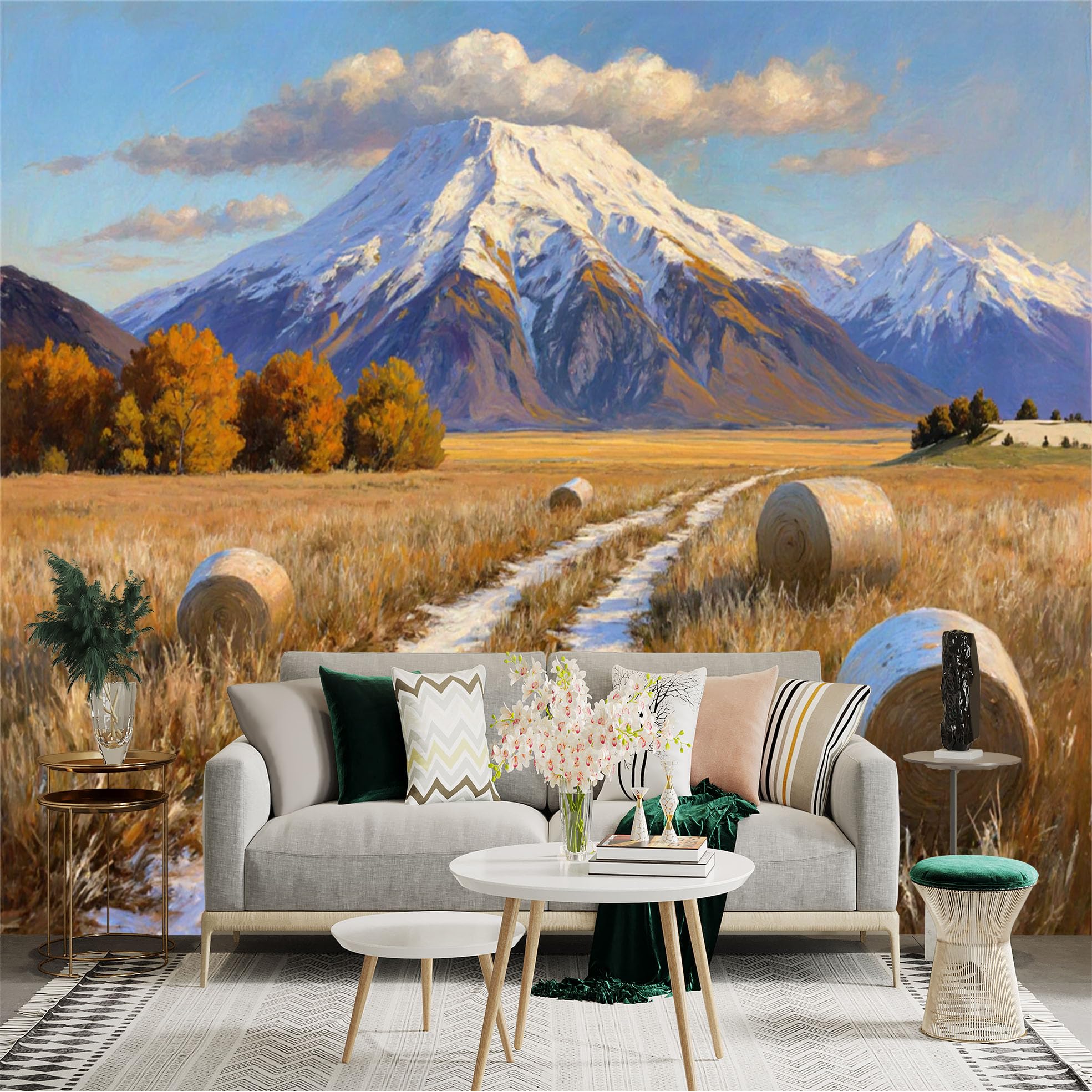 Custom Size Wall Sticker Mural， Snow Capped Mountains and Golden Fields， Countryside Landscape with Hay Bales， Oil Painting Style View， for wall Decoration， peelandstick wall Decals.