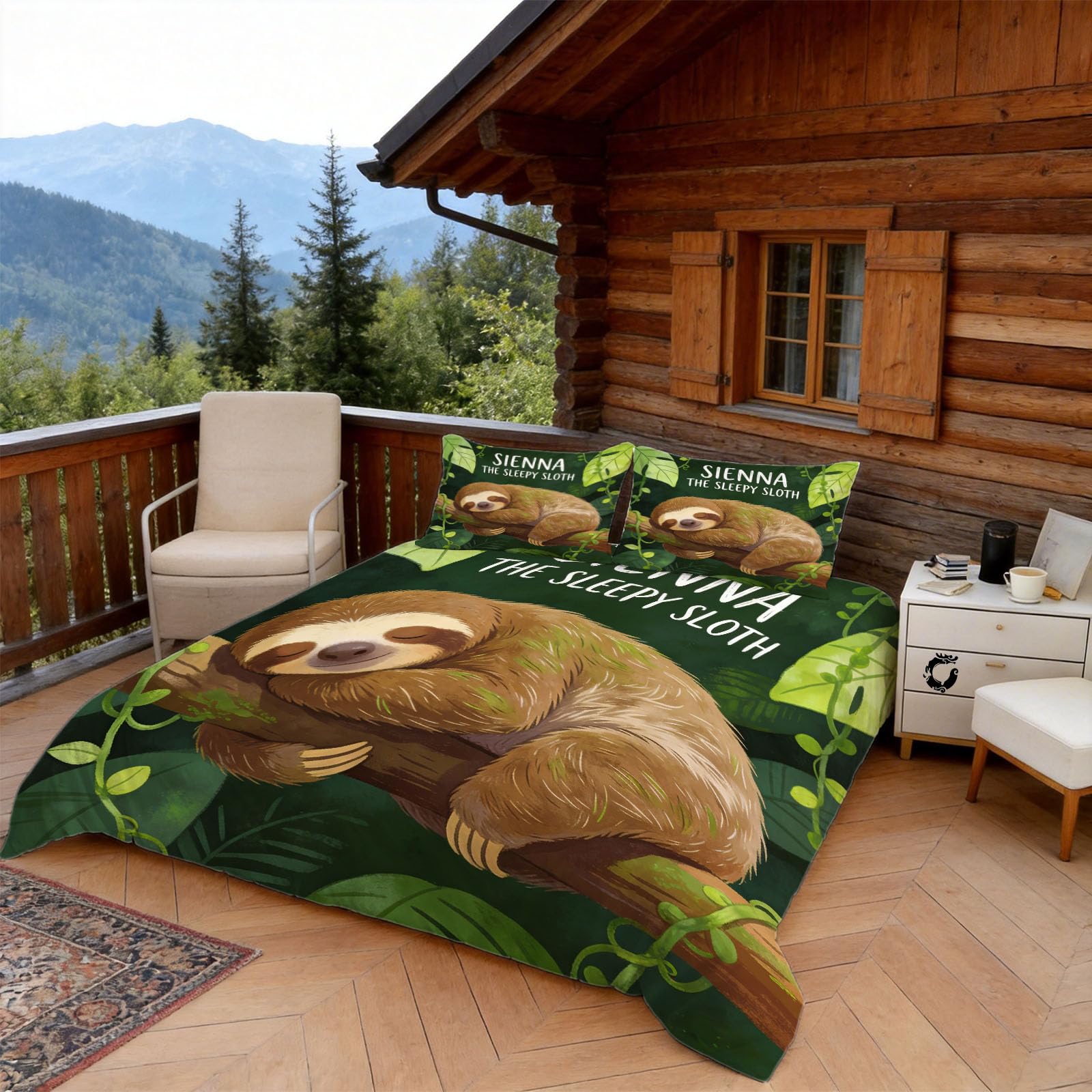 Housse de Couette 240 x 260 Paresseux de Dessin Animé, 2 Personnes, Parure de Lit Jungle Tropicale Microfibre avec 2 x Taie d'oreiller 65x65 cm avec Fermeture éclair