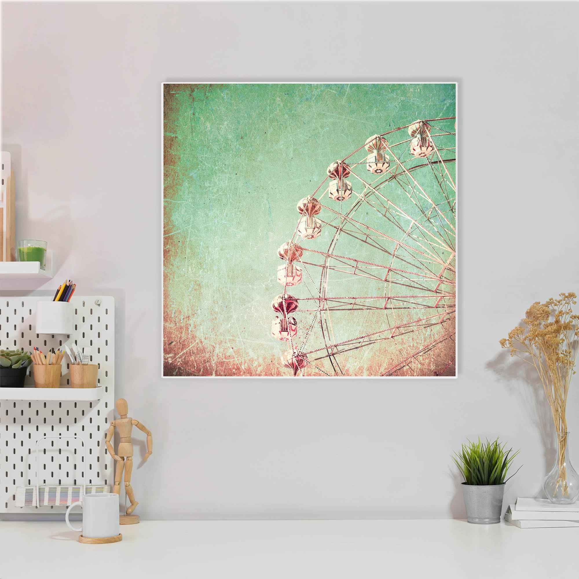banjado Magnettafel 50 x 50 cm/Magnetwand aus Metall/Magnetpinnwand als Memoboard/Pinnwand Magnettafel Küche, Büro, Kinderzimmer inkl. 4 Magnete & Montageset - Motiv Riesenrad 1