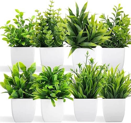 LELEE Plantas artificiales mini plantas falsas en maceta 8 piezas pequeñas de eucalipto en maceta de hierba decorativa con maceta blanca para