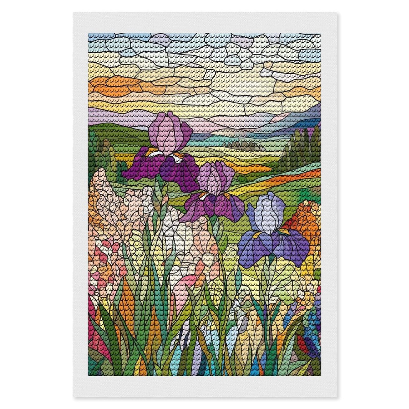 Junmoney Stained Glass Irises DIY Diamond Art Canvas Kit 8"x12", Farmhouse Decor, Vintage Style Decor, Handmade Wall Decor, Canvas Picture