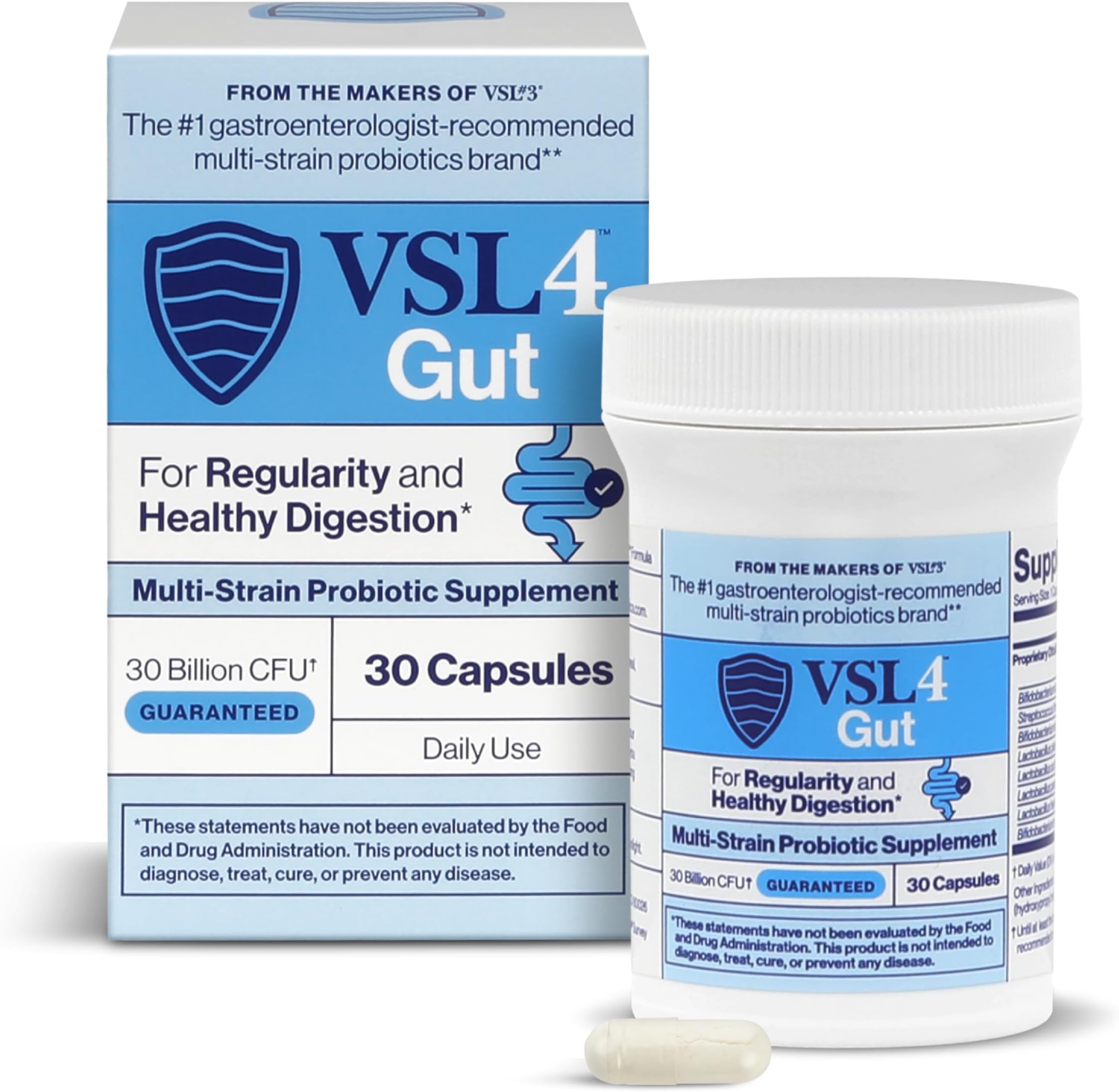 - VSL4® Gut Daily Probiotics for Gut Health - 30B CFUs, Multi-Strain Digestive Support for Women & Men, Promotes Gut Balance & Regularity, Potent, Shelf-Stable Probiotic Supplement, 30 Capsules