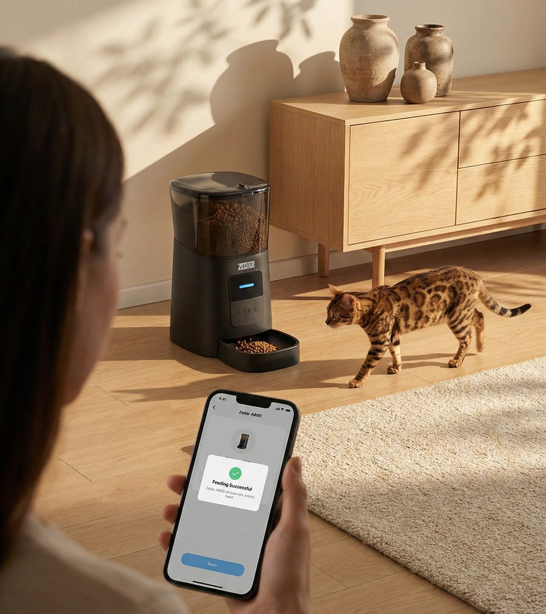 Futterautomat Katze - Edelstahl napf - 6 Liter - mit APP Steuerung - Automatischer Futterspender für Trockenfutter - Design für Katzen & Hunde - Schwarz - Zedar A600