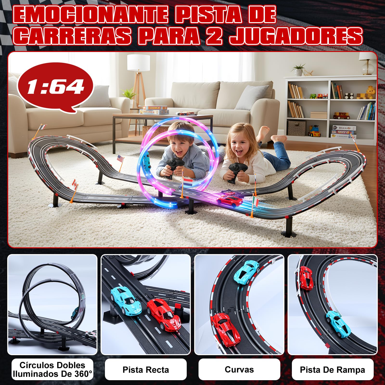 Pista Carreras Electrica, Iluminado Pista de Coches para Niños 1:64 Pista Autos -4 LED Coches, Bucle 360°, Euroconector, Contador Vueltas, Circuito Coche Niños 3+ Años Juguete Regalos (L)