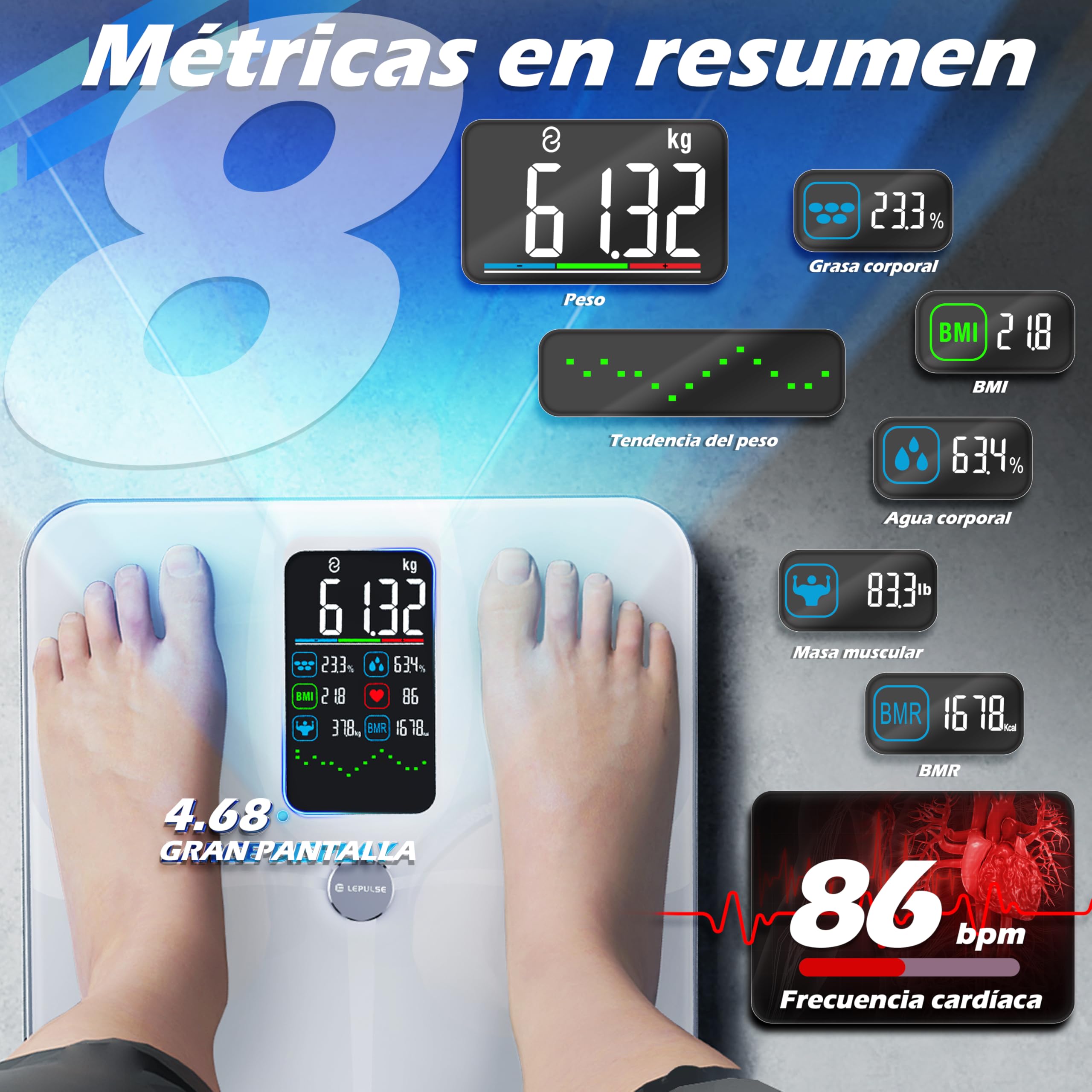 Lepulse Bascula Grasa Corporal y Muscular, Bascula de Baño Inteligente con Pantalla Grande, Bioimpedancia Bascula Inteligente con 22 Mediciónes, Balanza Peso Corporal Masa Muscular IMC con App