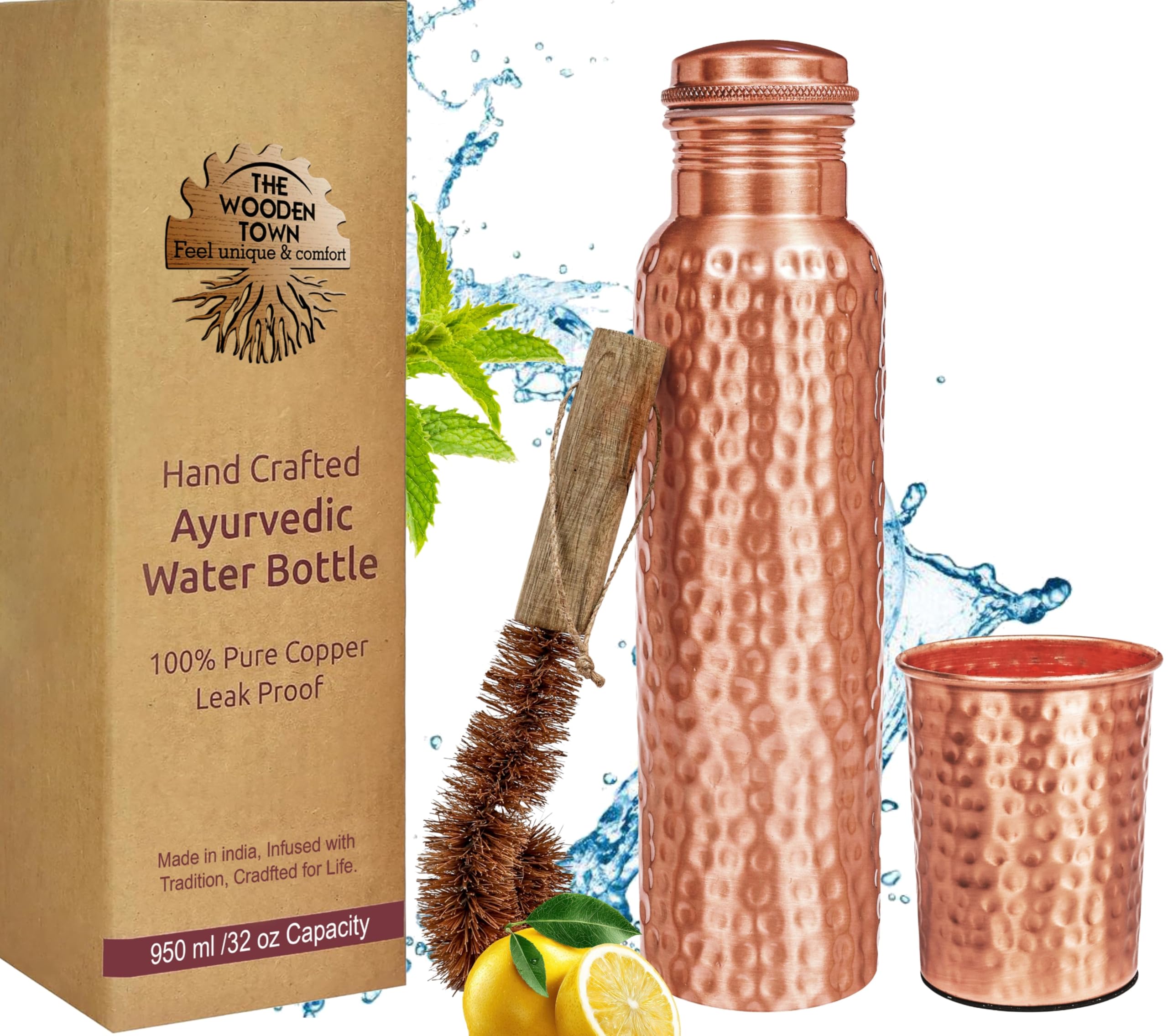 Copper Water Bottle, Hammered Ayurvedic Pure Copper Bottle For Drinking - Drink More Water, Lower Your Sugar Intake And Enjoy The Health Benefits Immediately 32 Oz With Glass