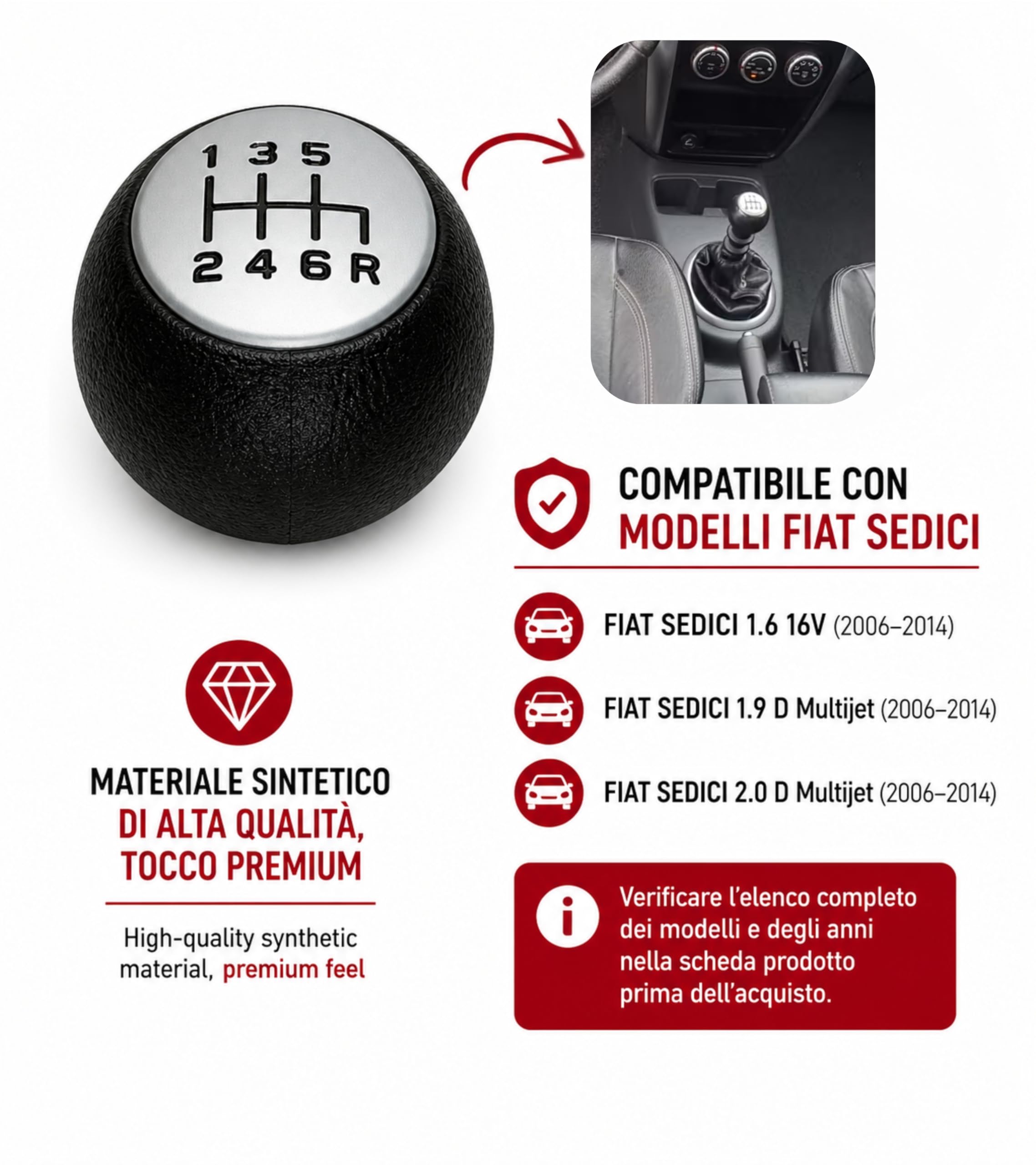 1neiSmartech Pomello Leva Cambio 6 Marce Compatibile con Fiat Sedici (189 FY) 2006-2014 Filettato in Metallo, Retromarcia Basso Destra, Nero con Lente Opaca Grigio Argento