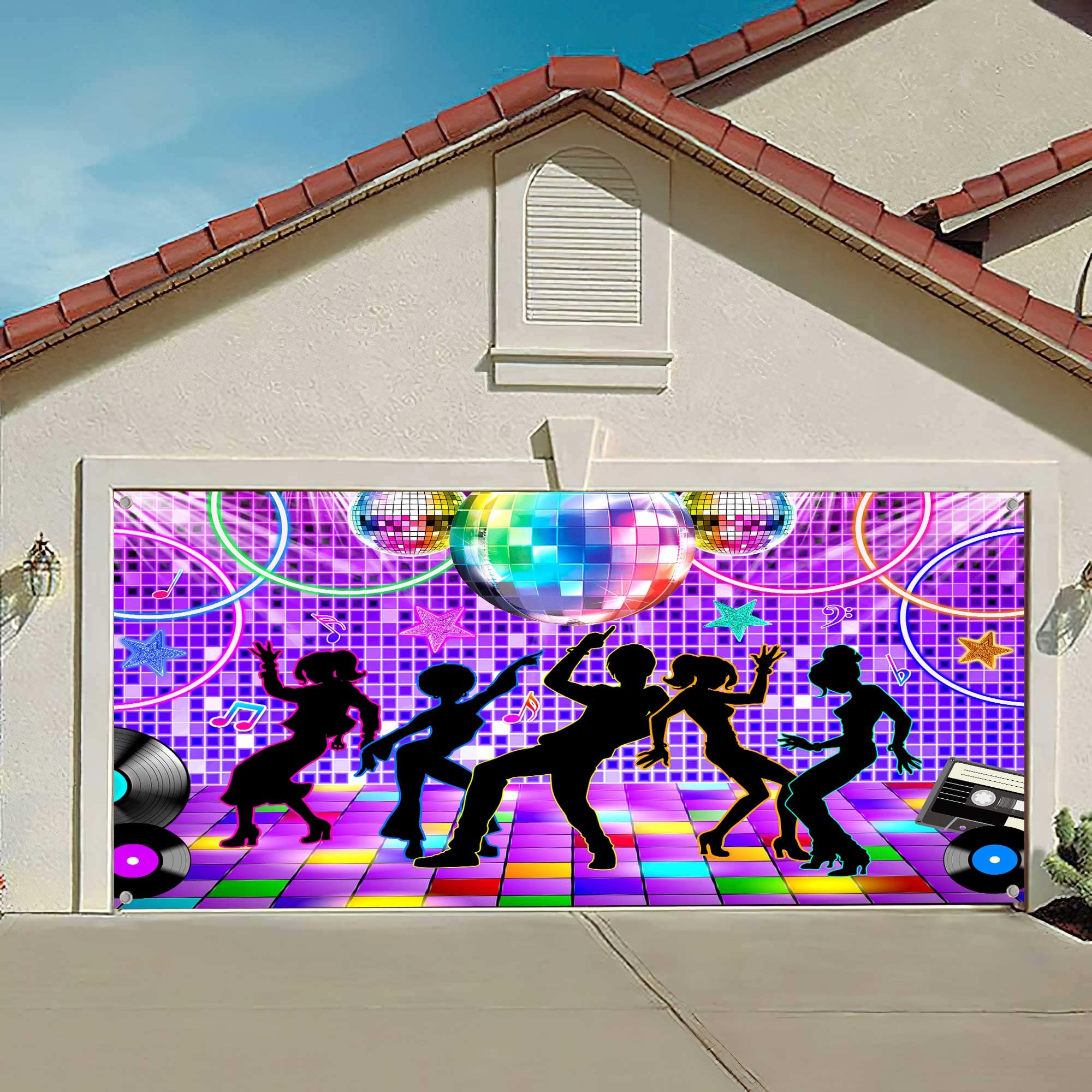 Disco Garage Door Cover Background Retro Dance Party 70s 80s 90s Theme Vintage Stage Dance Backdrop, Disco Party Decoration Disco Music Ball Party Banner Cover 13X6FT