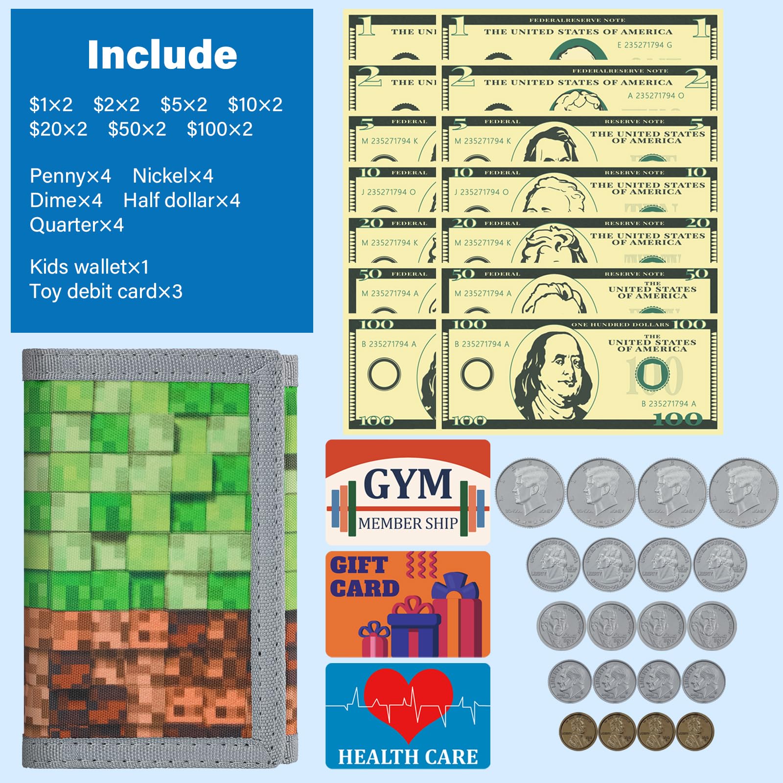 DEEKI Kids 37PCS Pretend Money with Wallet, Develop Wallet Toys for Boys and Girls Early Math Learning, Safe Purse with Fake Bills Coins and Gift Cards for Kids 3 4 5 6 7 8 9 Years Old -Block Green