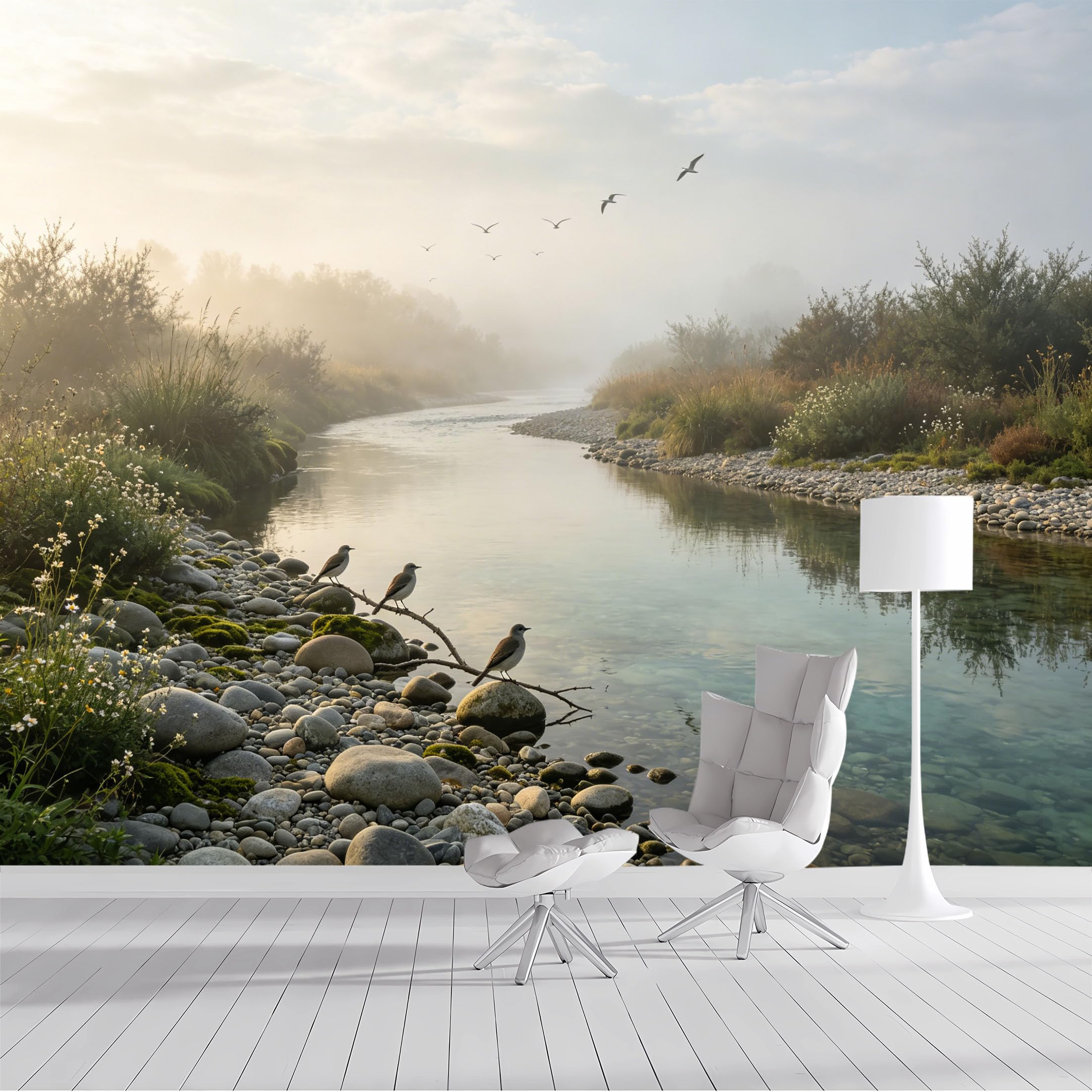 Custom Size Wall Mural Coastal River Birds Foggy Morning Landscape Nature Watercolor SelfAdhesive Wall Fabric Removable Peel and Stick Wallpaper Wall Decor for Living Room Bedroom Bathroom