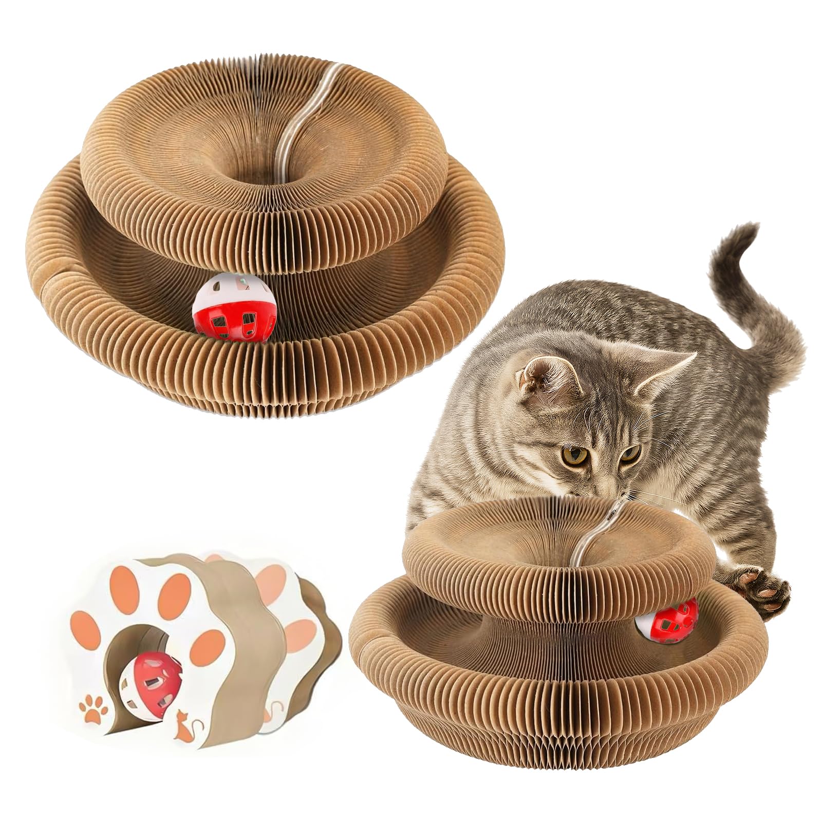 Kitty Kurls Cat Scratcher – Foldable Magic Organ Cat Scratcher Board, Reversible Corrugated Cardboard Kitty Scratching Toy with Bell Ball for Indoor Exercise