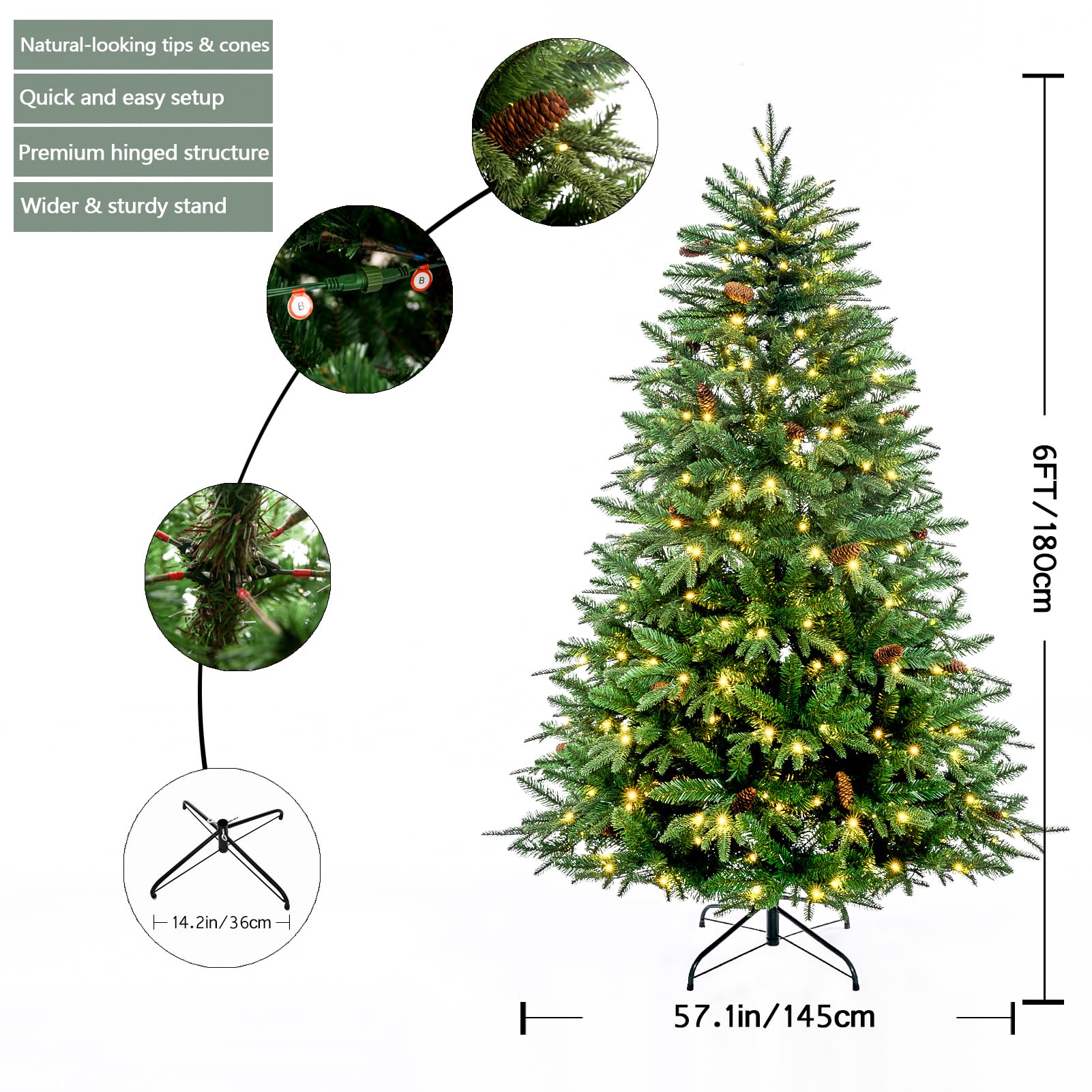 SINTEAN Pre-lit Artificial Christmas Tree 6Ft W/PE Tips, Dunhill Fir, Full Xmas Tree, Pine Cones, Hinged Branches, Feel Real, for Home, Office, Party, Holiday Decoration