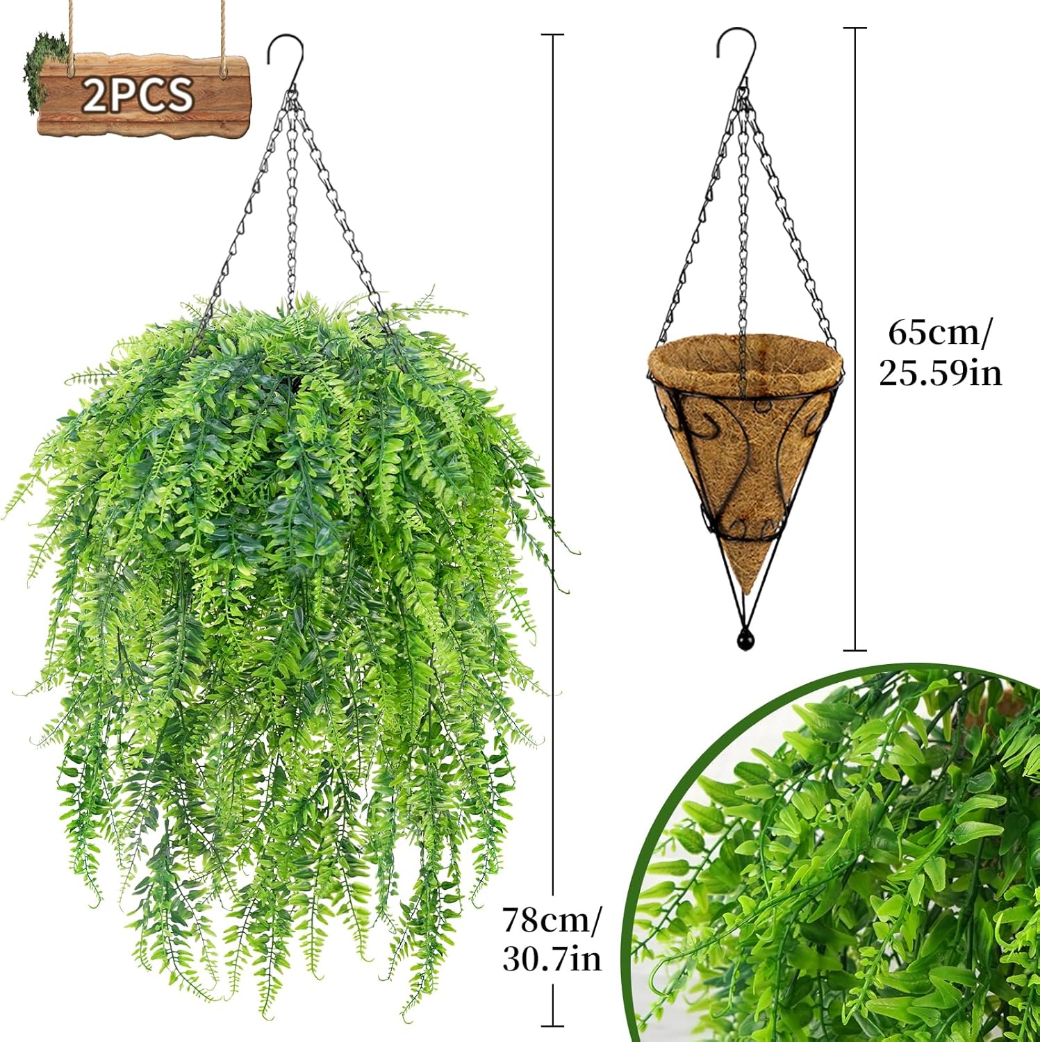 Zythrem Artificial Hanging Fern Hanging Baskets for Outside Faux Hanging Plants Outdoor Realistic Fake Hanging Boston Ferns UV Resistant for Front Porch Patio Balcony Home Decor 2 Set