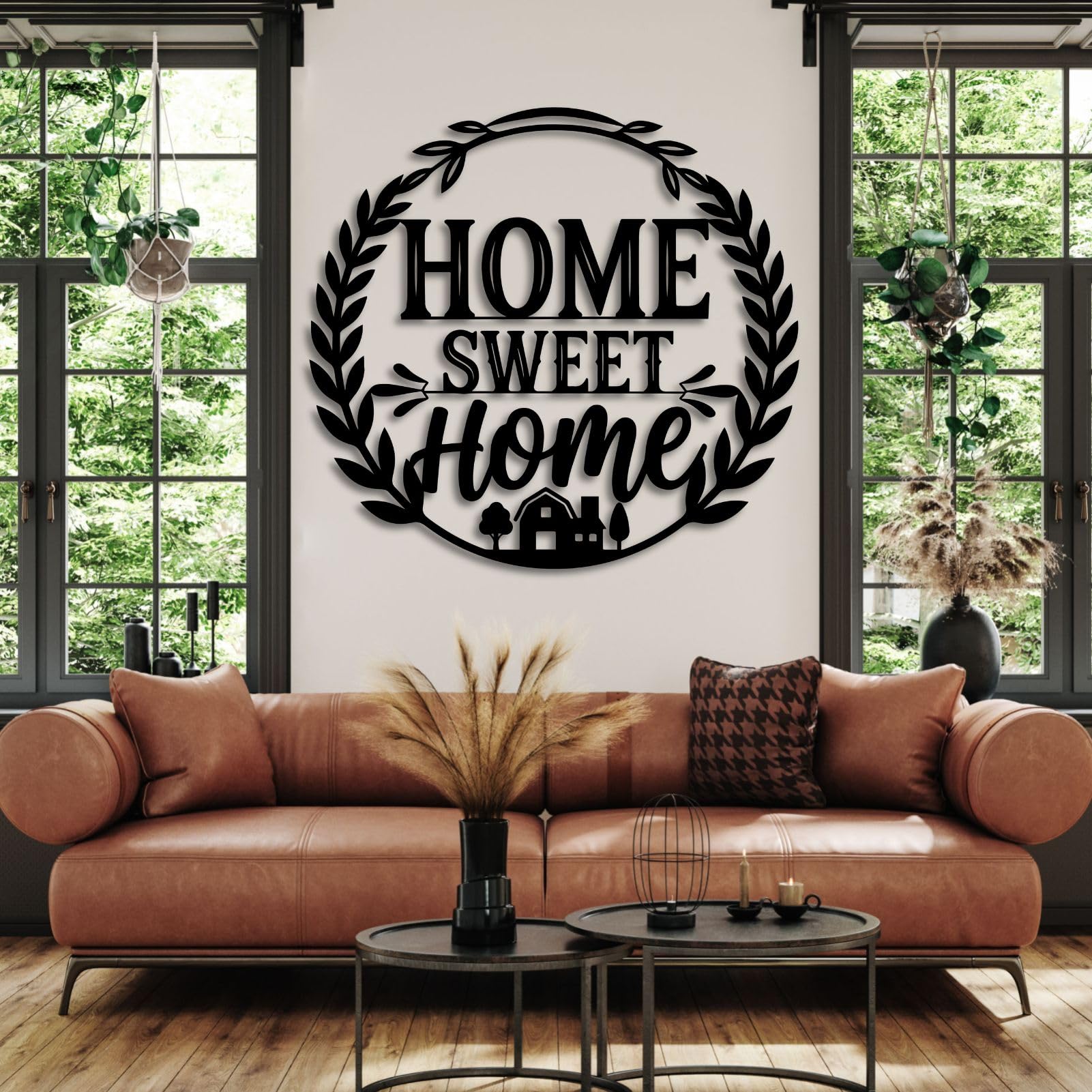 Schwarzes Metall-Wandbild „Sweet Home“ im Landhausstil, Wanddekoration für Eingangsbereich, Wohnzimmer, Schlafzimmer, Flur und Treppenhaus, Natur-Wohndeko (Schwarz, 48 cm breit)