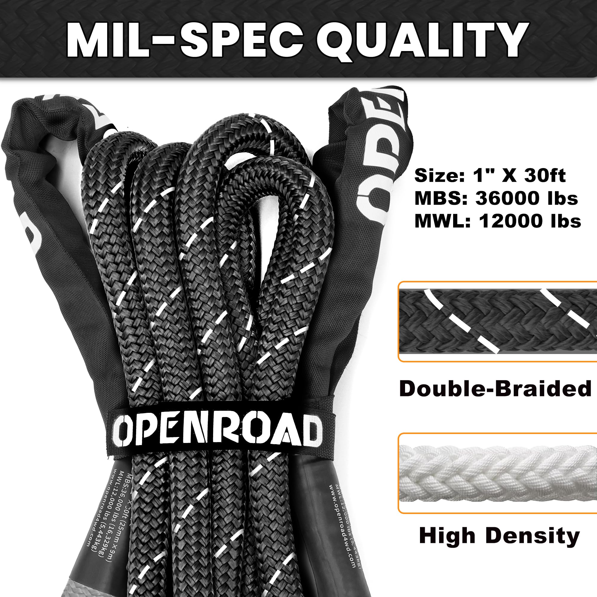 Recovery Toe Rope Snapklik.com : OPENROAD Kinetic Recovery Tow Rope, 4800 LBS (1in X 30ft